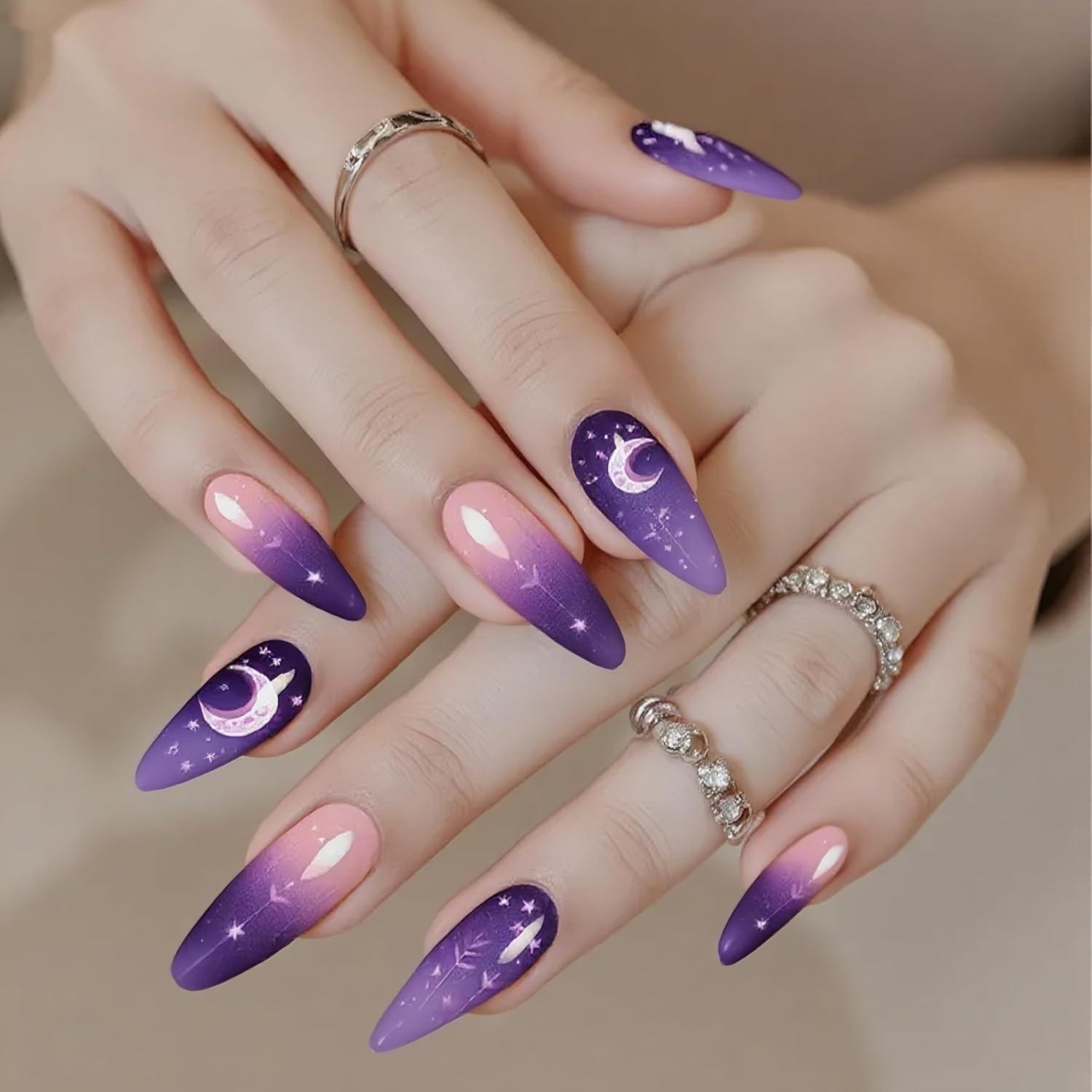 Uñas Postizas Almendra NGMATY Luna Estrella Púrpura 24 Piezas