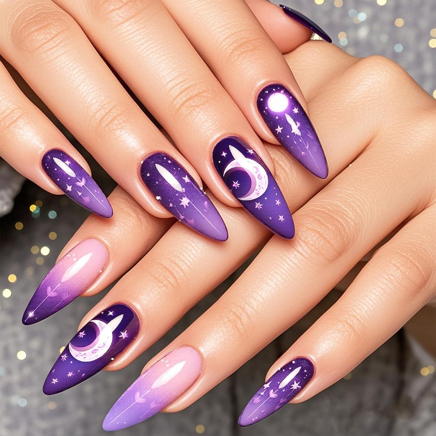 Uñas Postizas Almendra NGMATY Luna Estrella Púrpura 24 Piezas