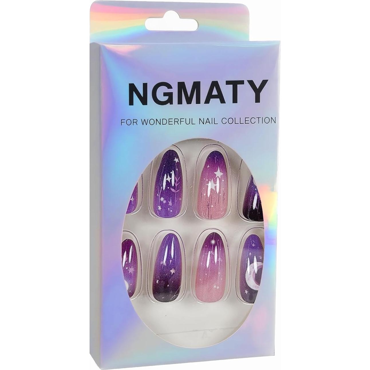 Uñas Postizas Almendra NGMATY Luna Estrella Púrpura 24 Piezas
