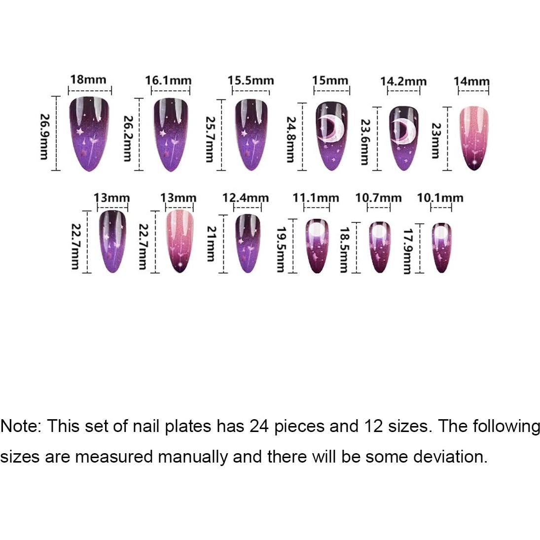 Uñas Postizas Almendra NGMATY Luna Estrella Púrpura 24 Piezas