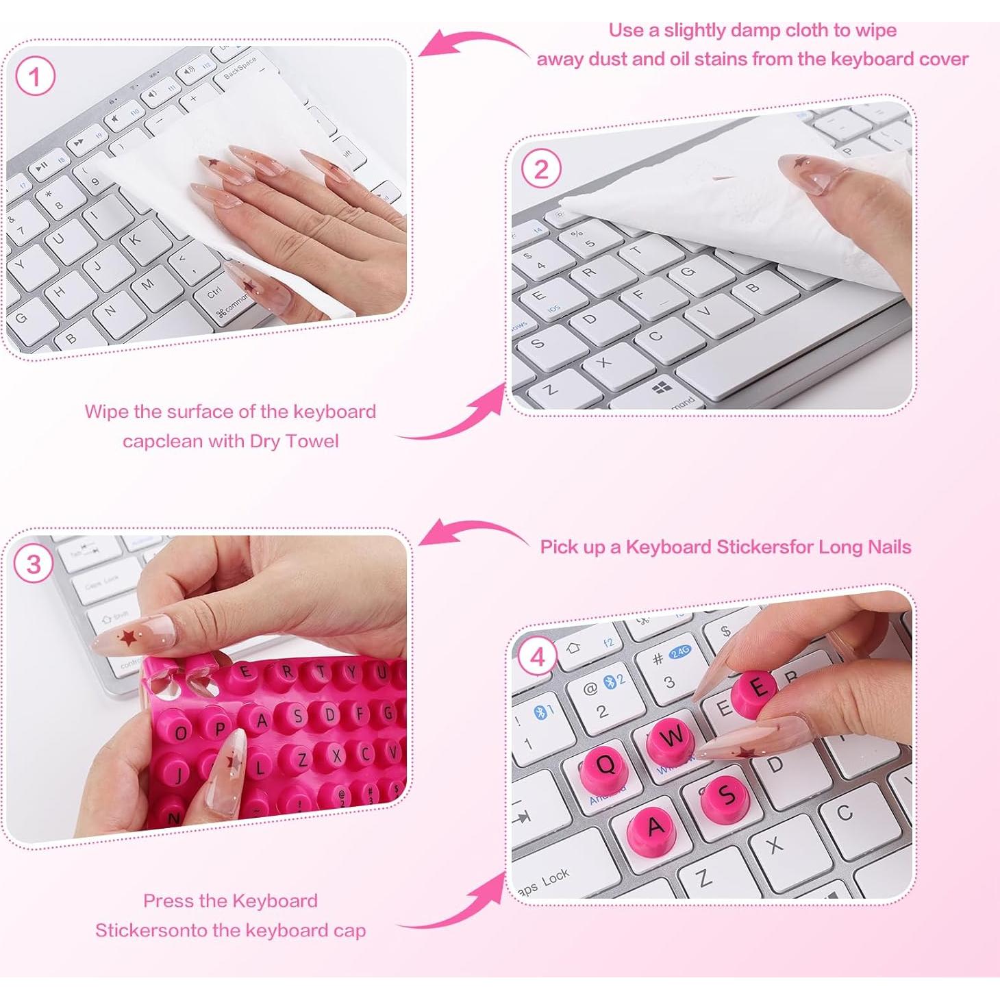 Etiquetas de Teclado Autoadhesivas UniEasy para Uñas Largas - 128 Pcs Rosa