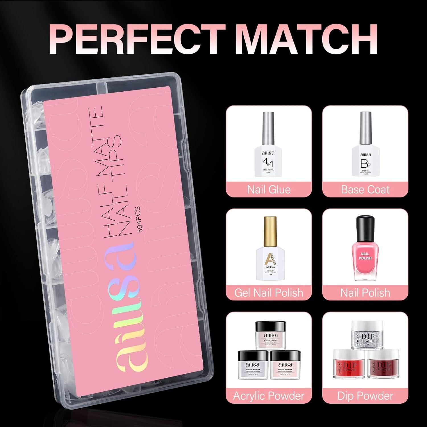 Tips de Uñas Falsas AILLSA Almendra Cortas 504pcs con Caja
