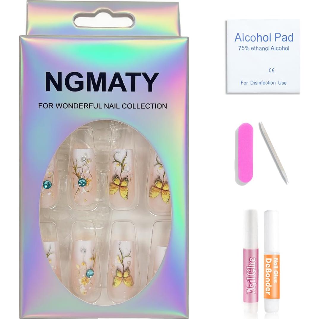 Uñas Postizas Acrílicas NGMATY Mariposas del Campo 3D