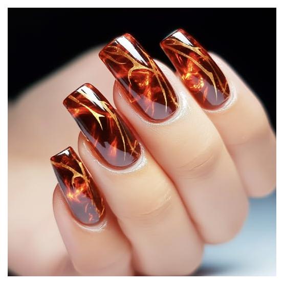 Uñas Postizas Cortas NGMATY Rayas Rojas Oscuras 24 Piezas