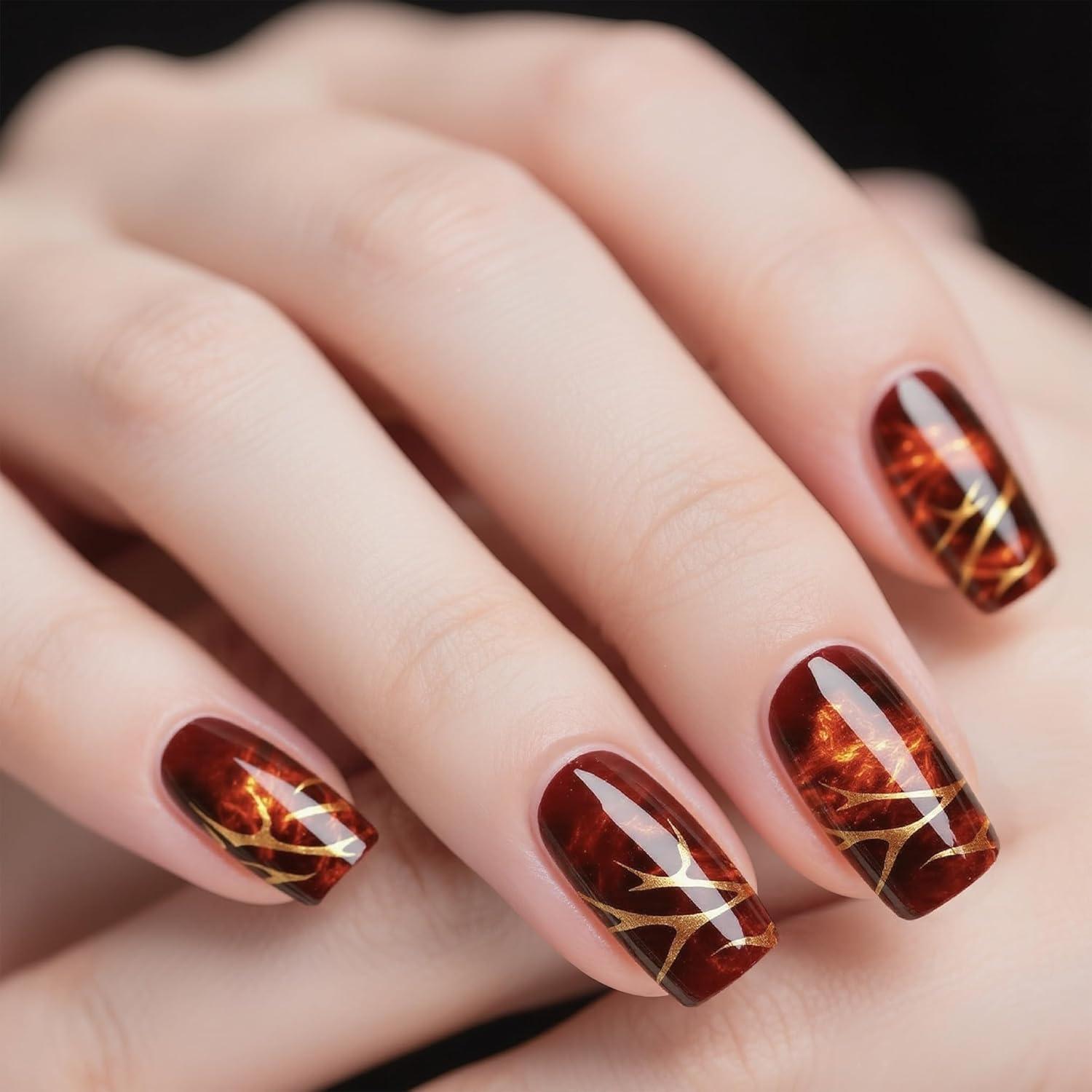 Uñas Postizas Cortas NGMATY Rayas Rojas Oscuras 24 Piezas