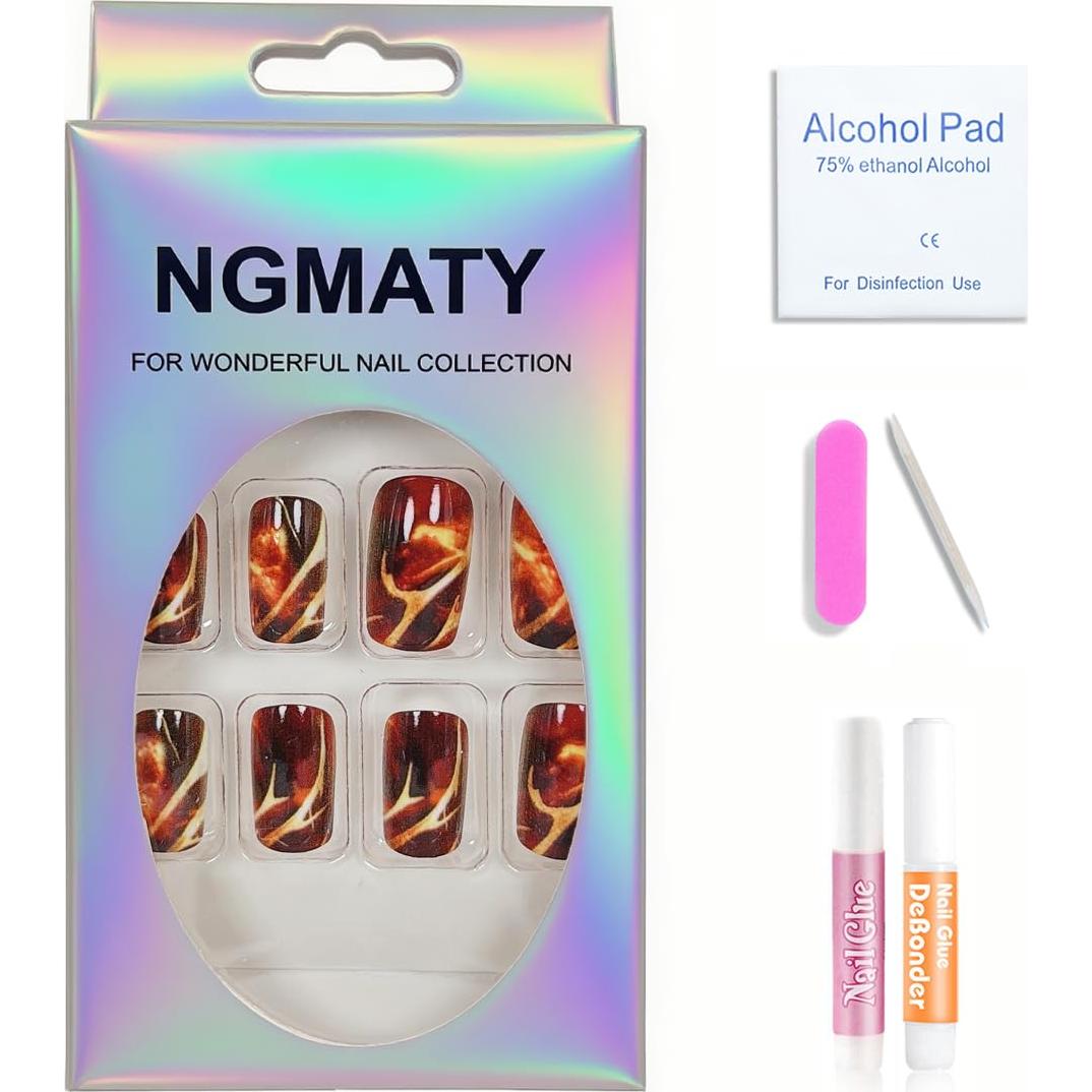 Uñas Postizas Cortas NGMATY Rayas Rojas Oscuras 24 Piezas