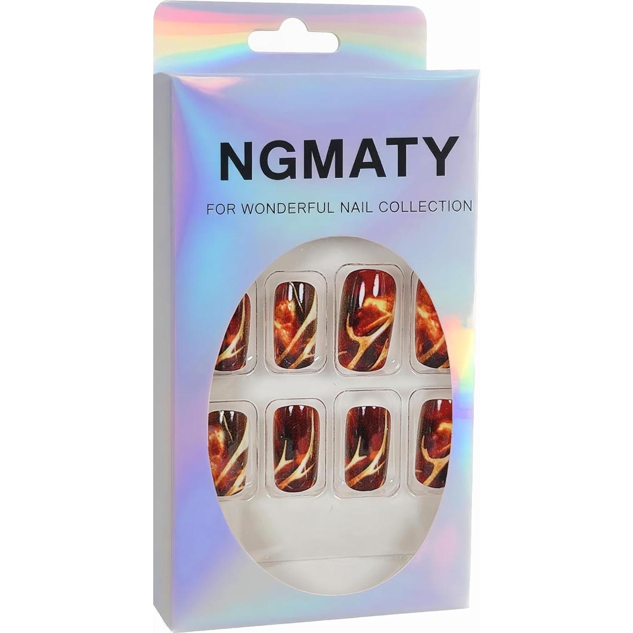 Uñas Postizas Cortas NGMATY Rayas Rojas Oscuras 24 Piezas