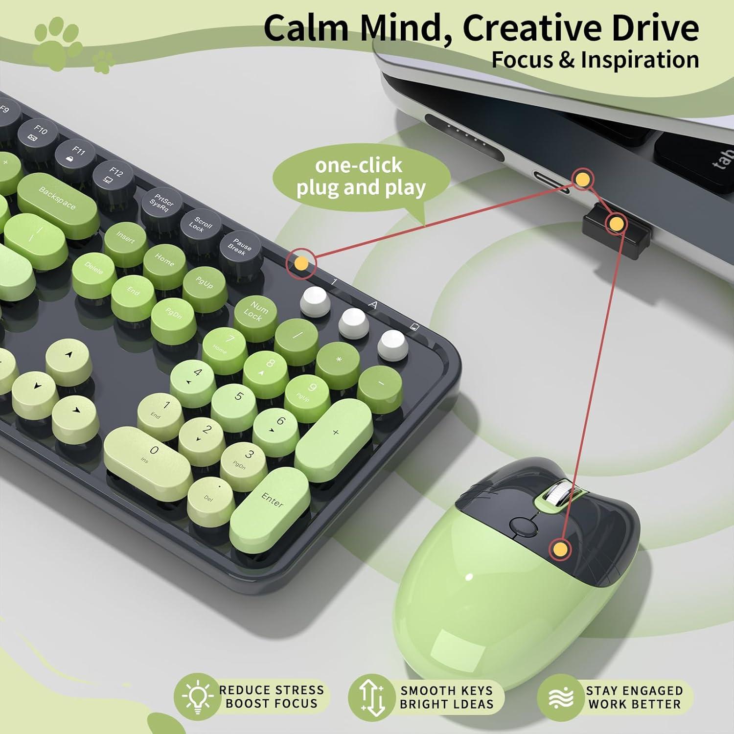 Teclado y Ratón Inalámbricos MOFII 104 Teclas Retro Ergonomico Verde Gris