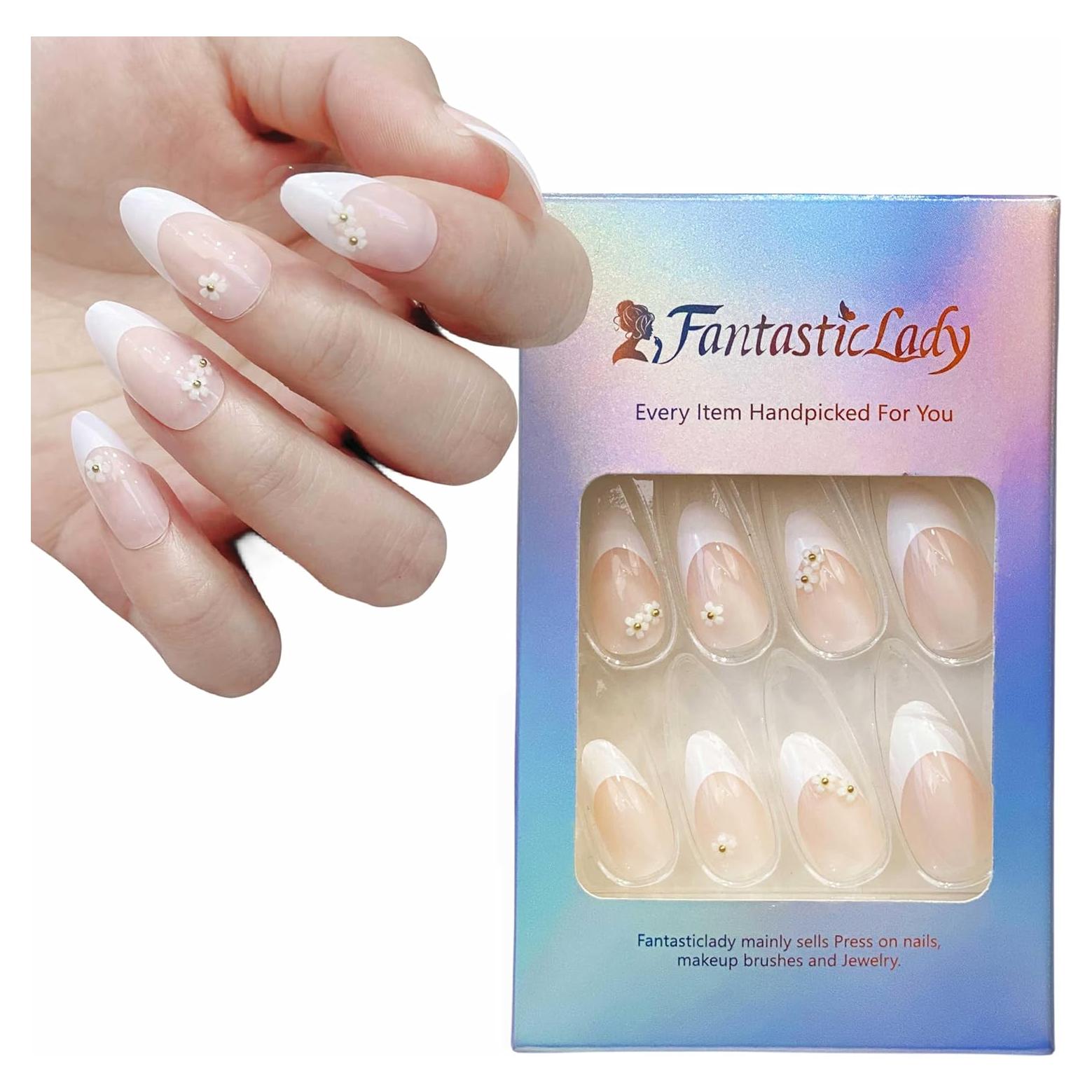 Uñas Postizas Flores Francesas Rosadas Fantastic Lady 24 Piezas