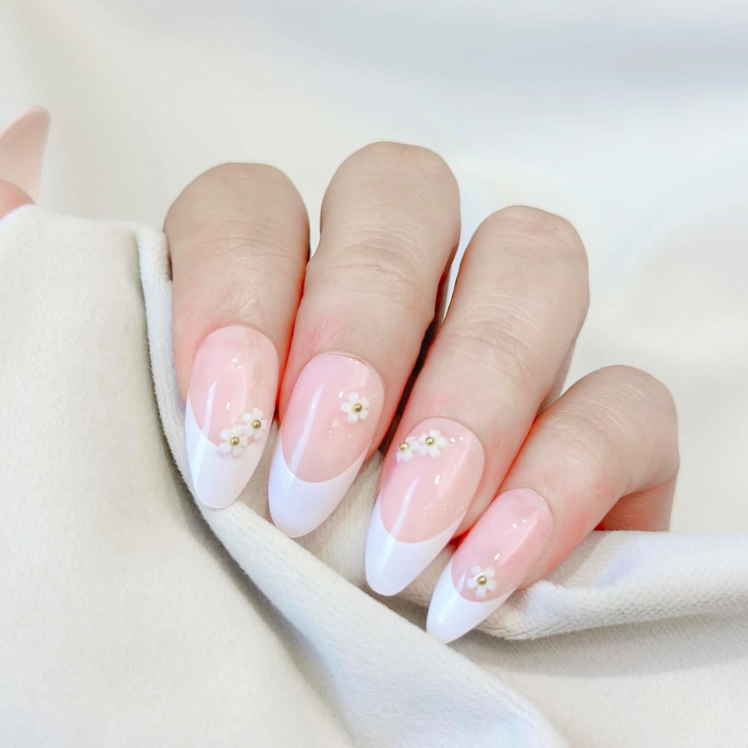 Uñas Postizas Flores Francesas Rosadas Fantastic Lady 24 Piezas