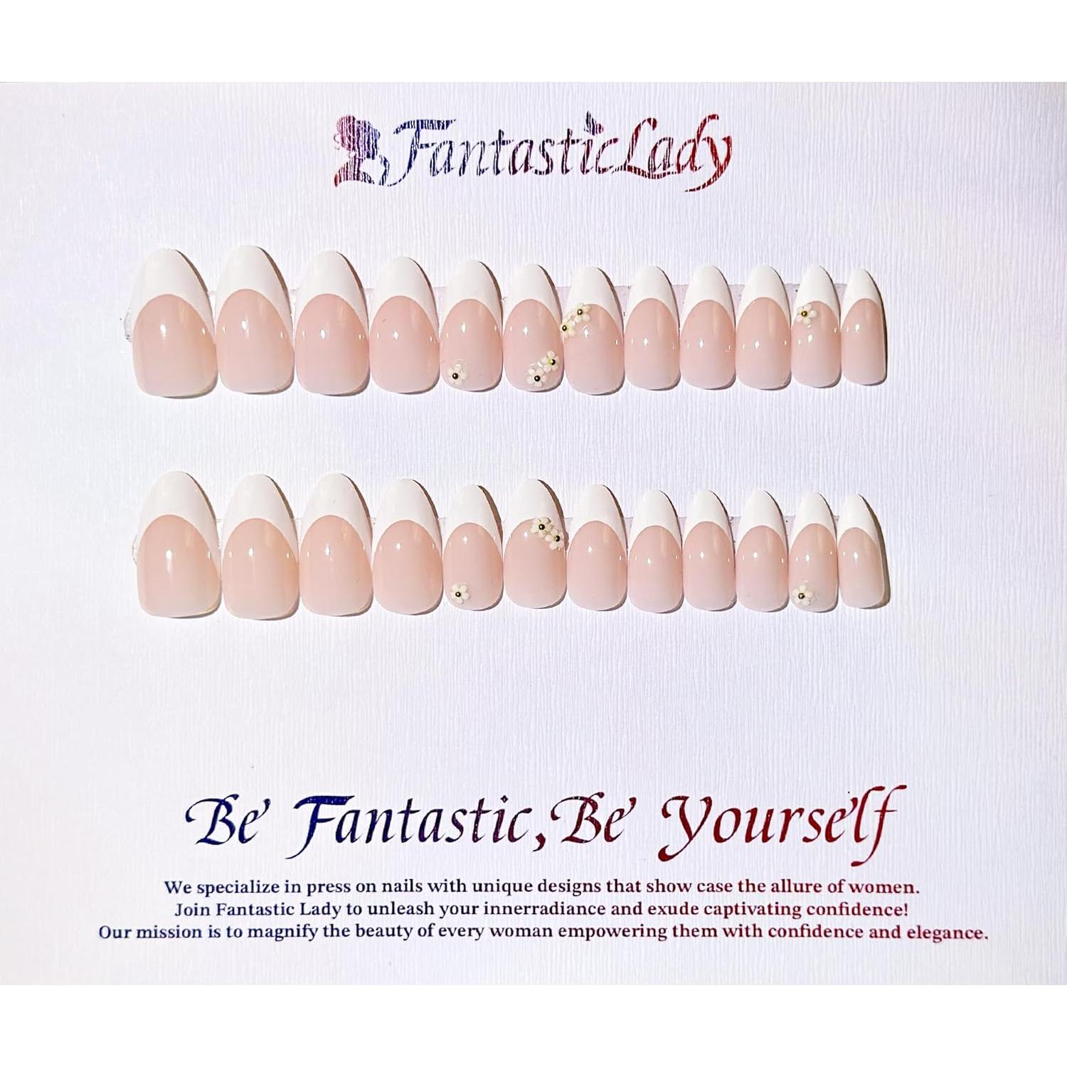 Uñas Postizas Flores Francesas Rosadas Fantastic Lady 24 Piezas