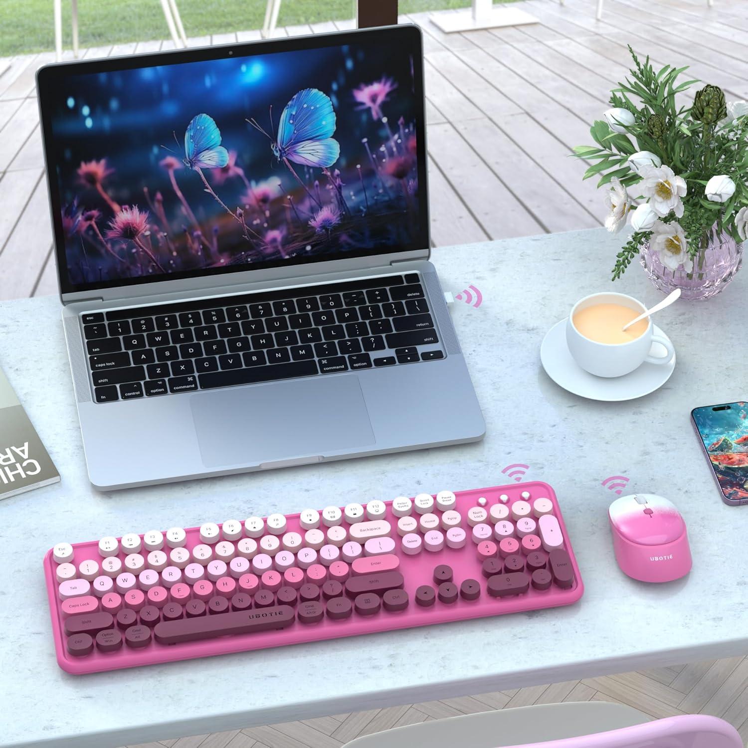 Teclado Inalámbrico Colorido UBOTIE con Ratón Óptico Degradado Rosado