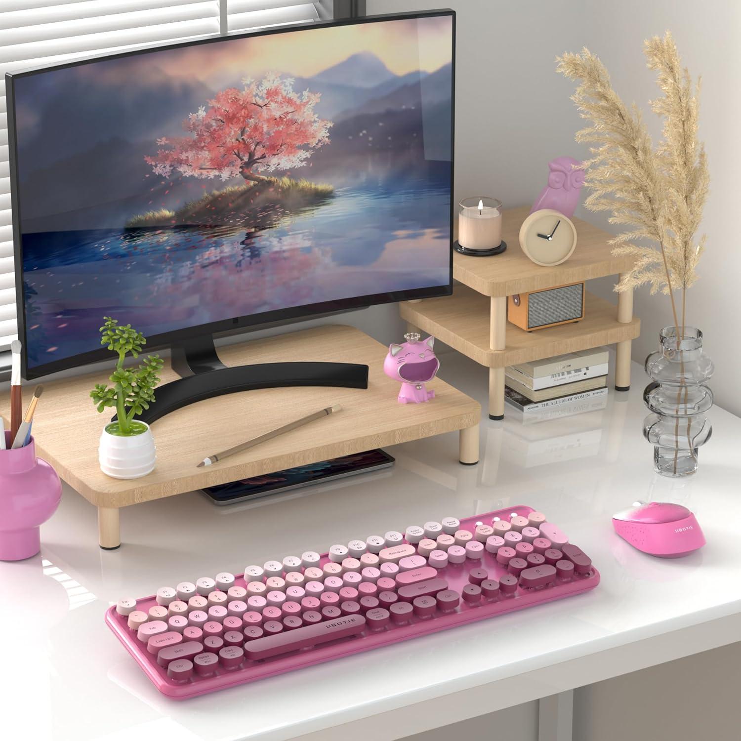 Teclado Inalámbrico Colorido UBOTIE con Ratón Óptico Degradado Rosado