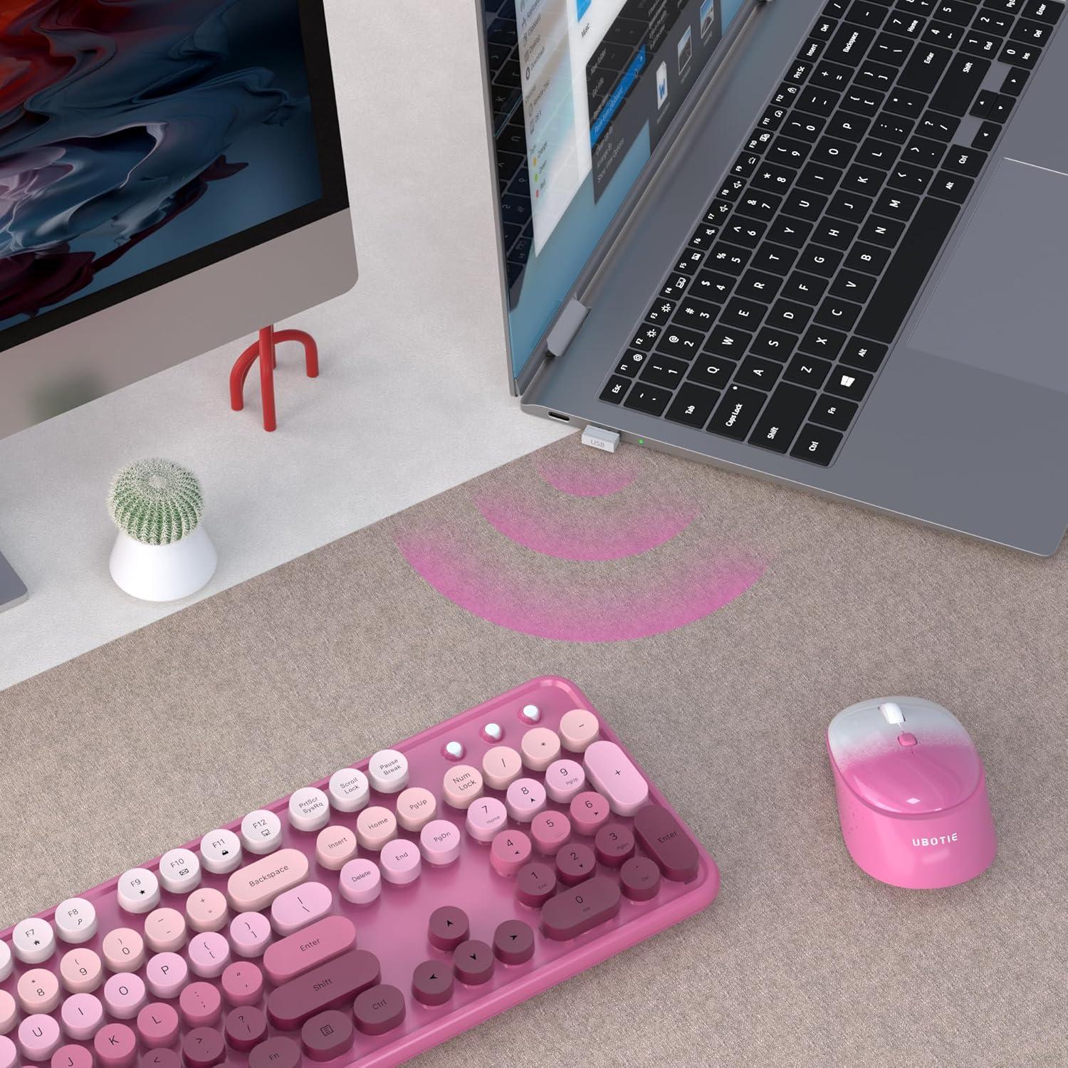Teclado Inalámbrico Colorido UBOTIE con Ratón Óptico Degradado Rosado