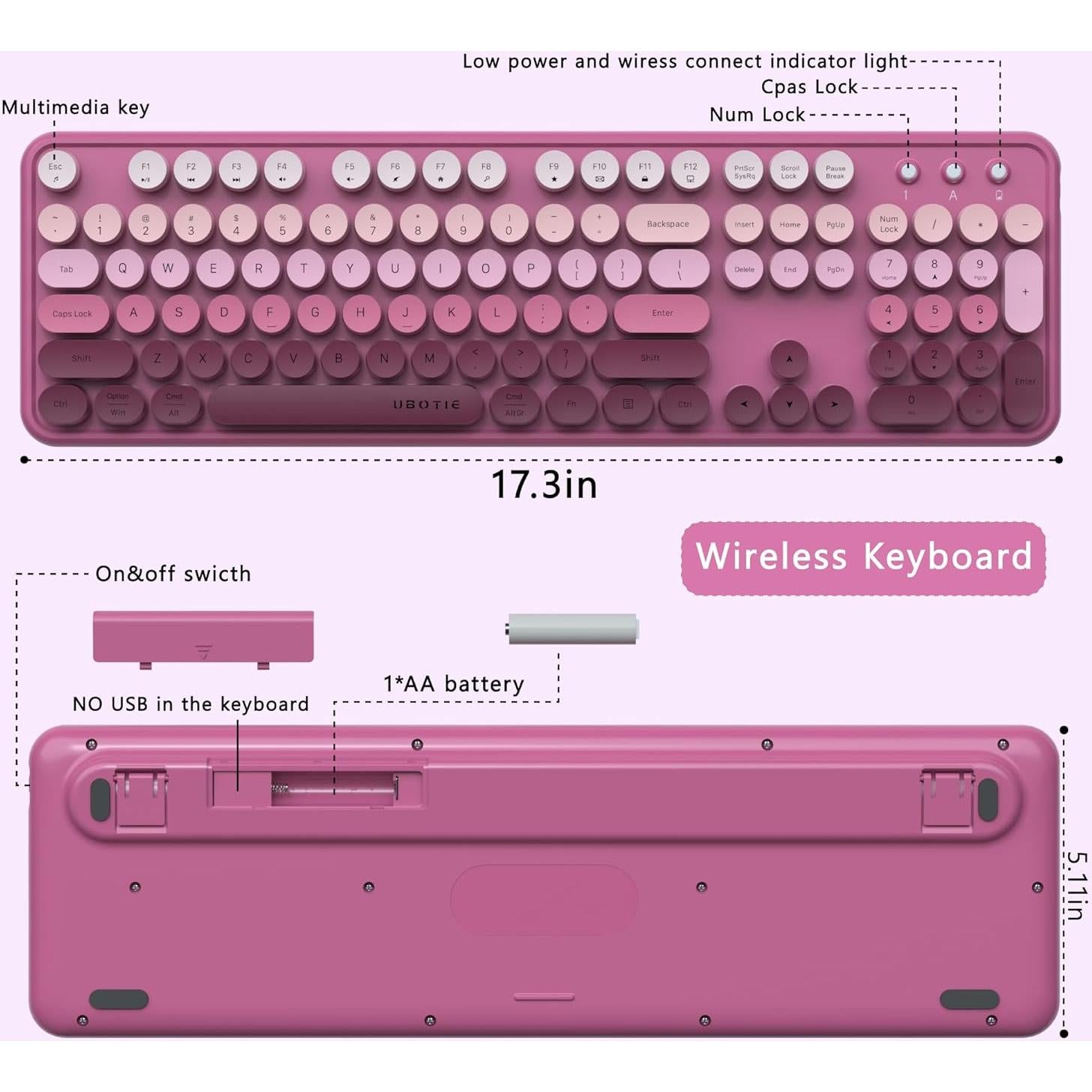 Teclado Inalámbrico Colorido UBOTIE con Ratón Óptico Degradado Rosado