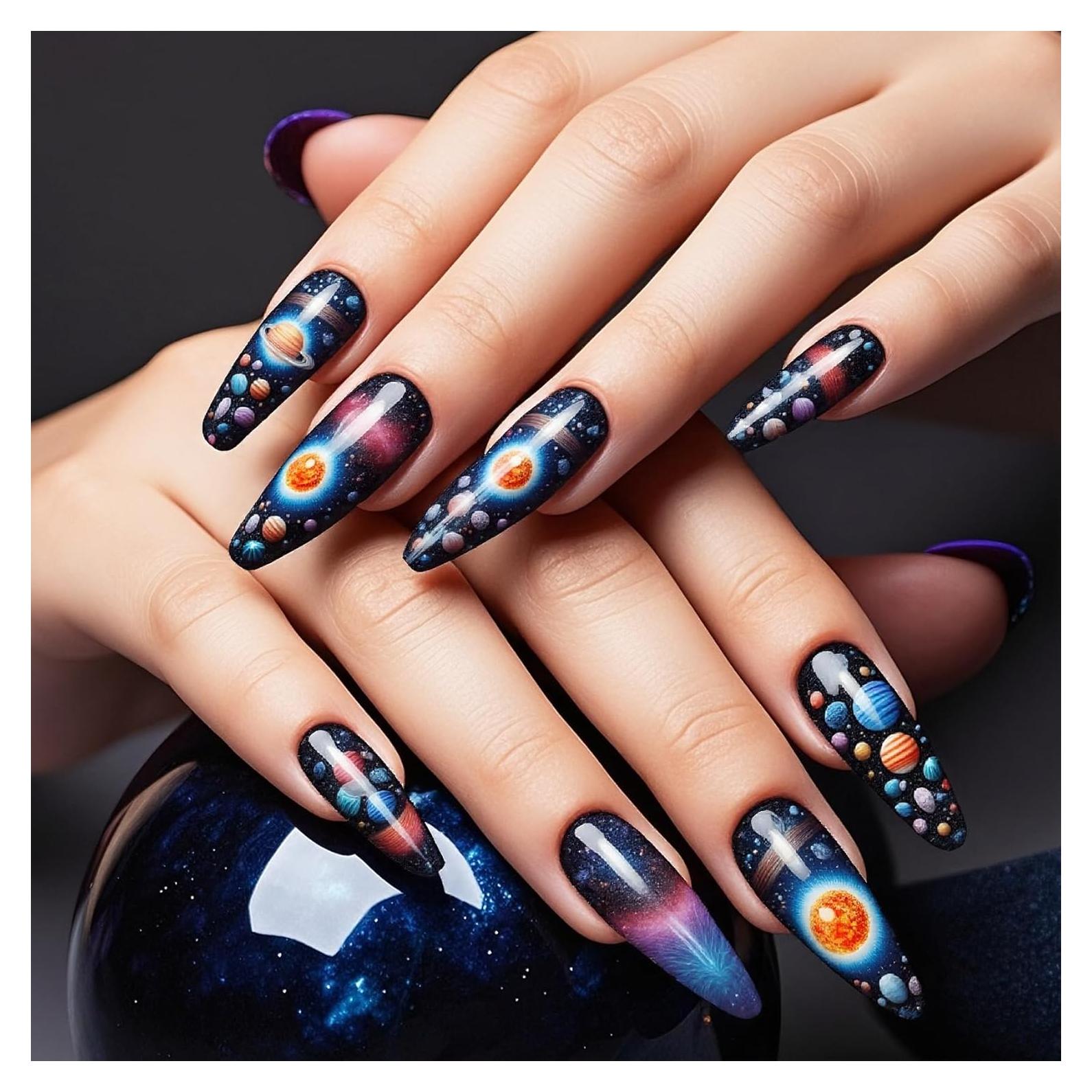 Uñas Postizas Largas Coffin NGMATY Sueño Estelar 24 Piezas