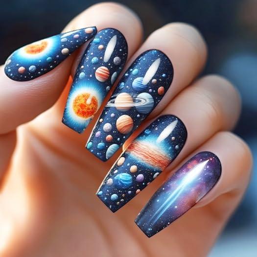 Uñas Postizas Largas Coffin NGMATY Sueño Estelar 24 Piezas