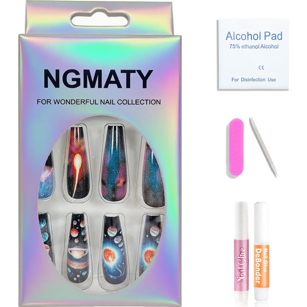 Uñas Postizas Largas Coffin NGMATY Sueño Estelar 24 Piezas