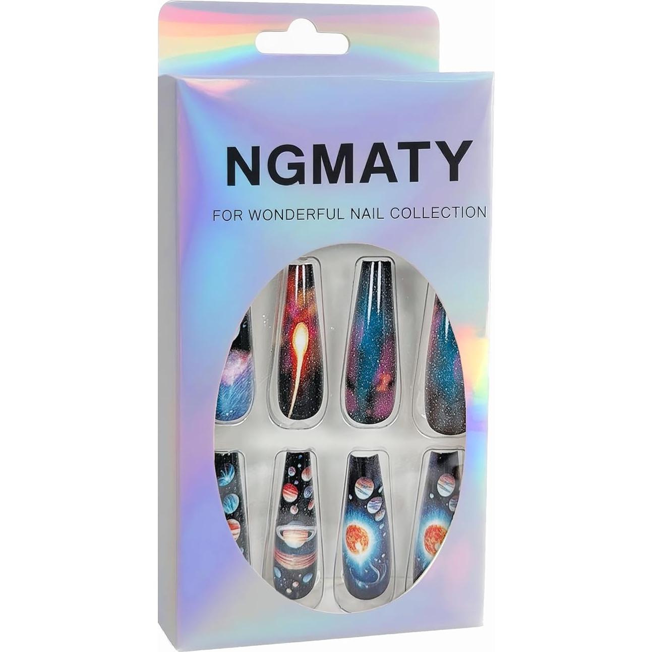 Uñas Postizas Largas Coffin NGMATY Sueño Estelar 24 Piezas