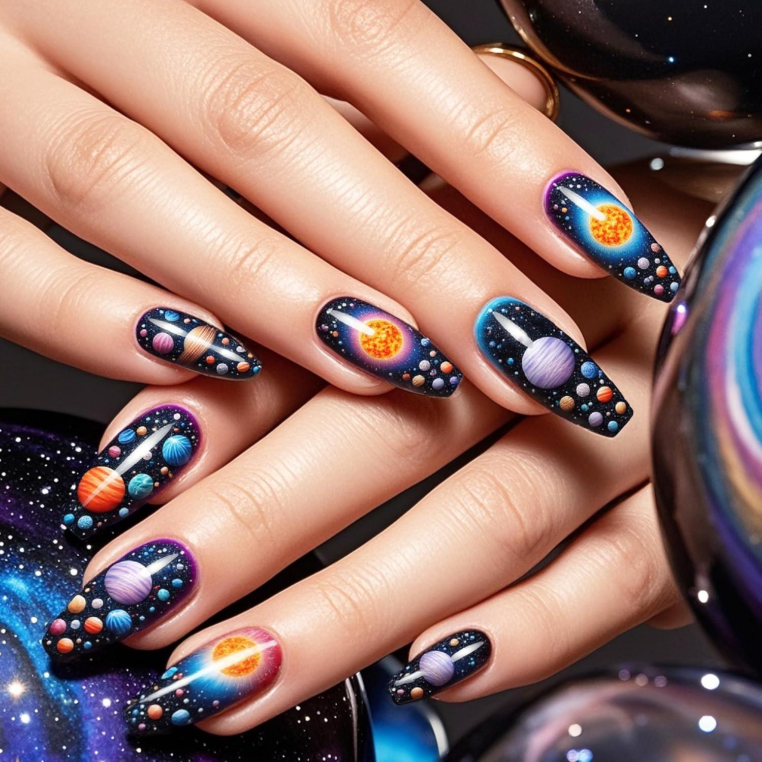 Uñas Postizas Largas Coffin NGMATY Sueño Estelar 24 Piezas