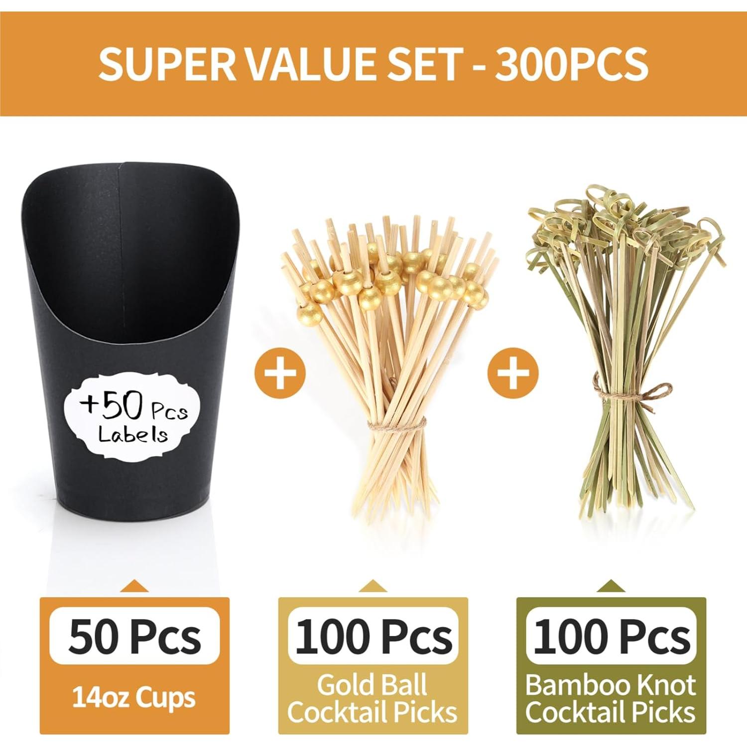 50 Tazas de Charcutería Desechables SEANSDA Negras + Palillos