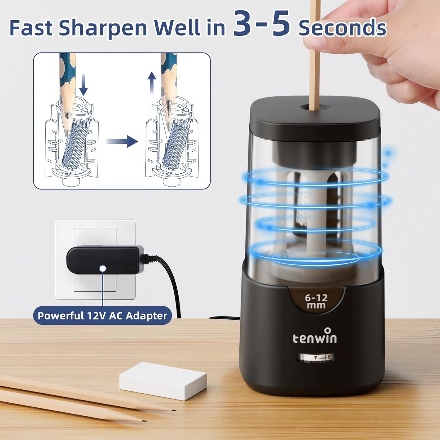 Sacapuntas Eléctrico Tenwin TW8041 - Afilado Rápido 6-12mm