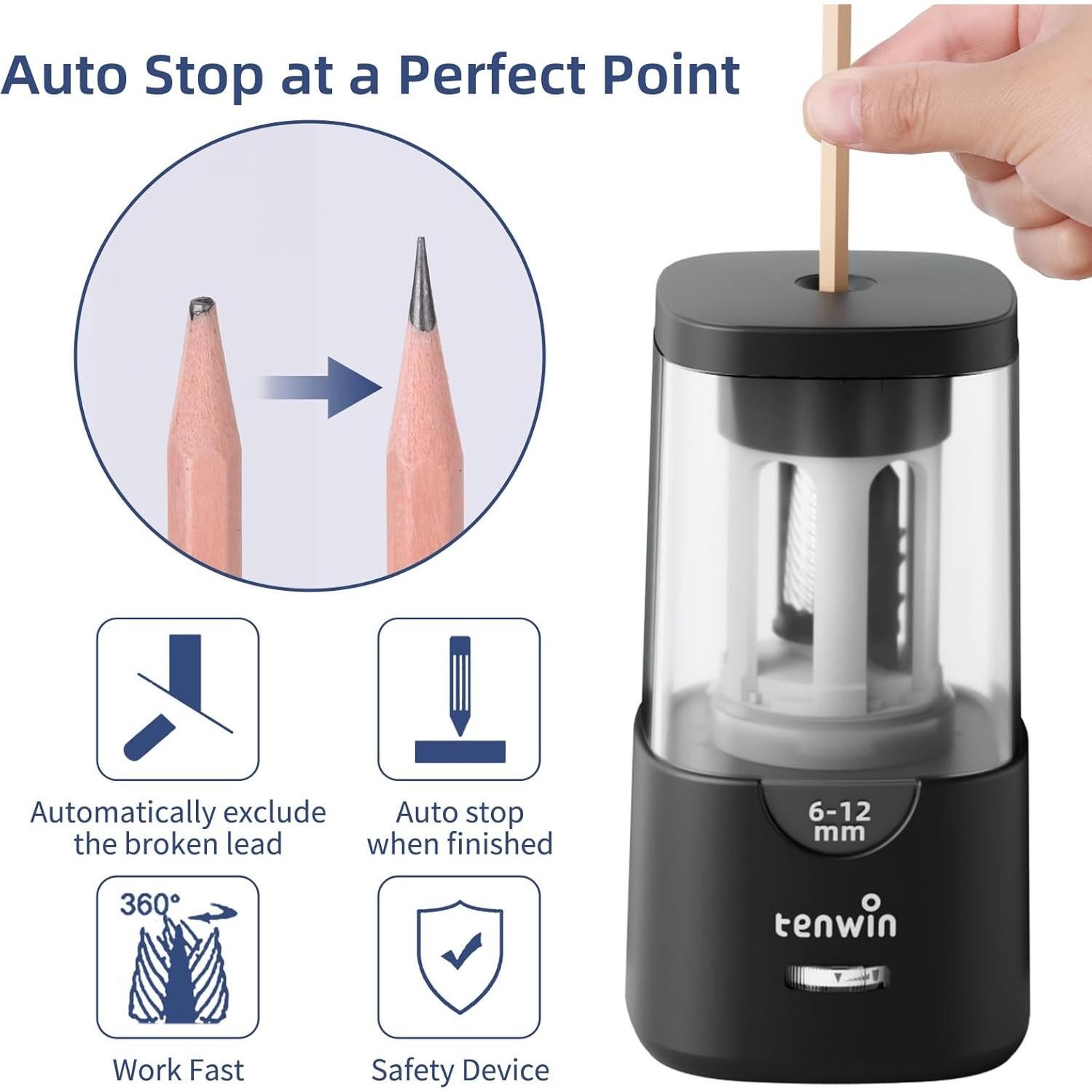 Sacapuntas Eléctrico Tenwin TW8041 - Afilado Rápido 6-12mm
