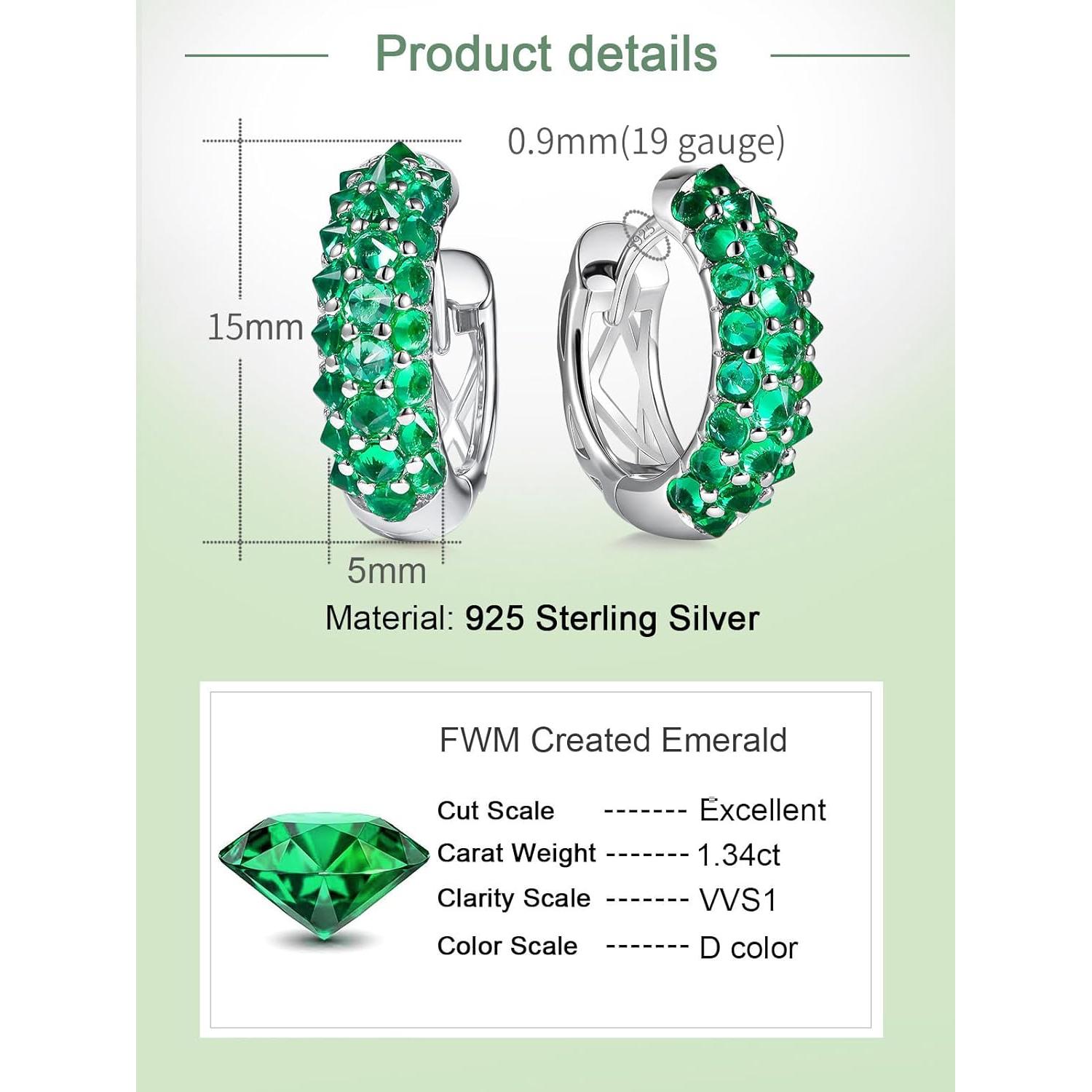 Pendientes Aros Huggie de Moissanita y Esmeralda 15mm Plata 925