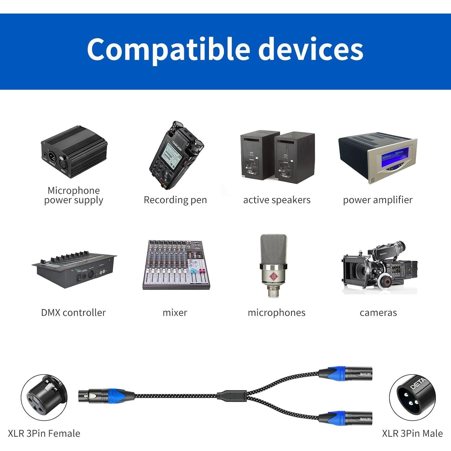 Cable divisor Y XLR hembra a 2 machos DETAME 0.61m