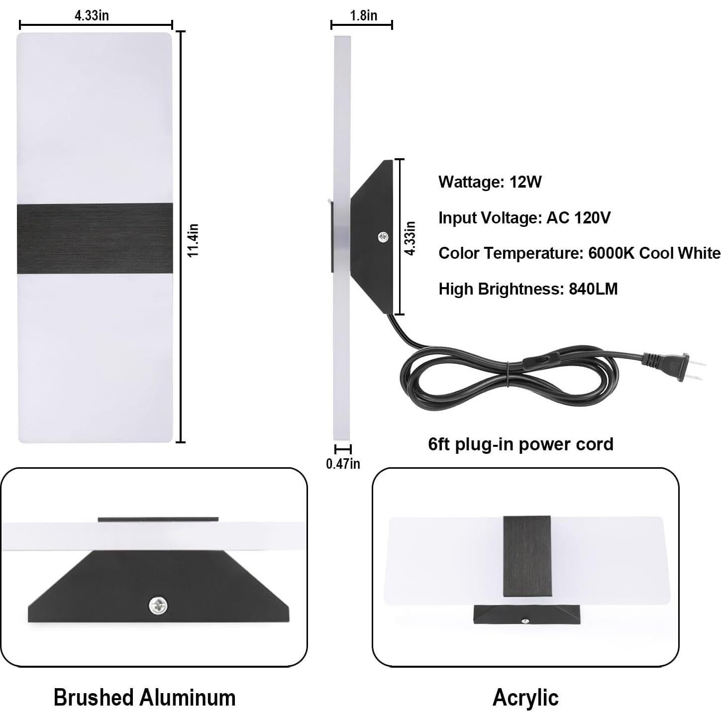 Aplique de Pared LED TRLIFE 12W 6000K Negro con Enchufe