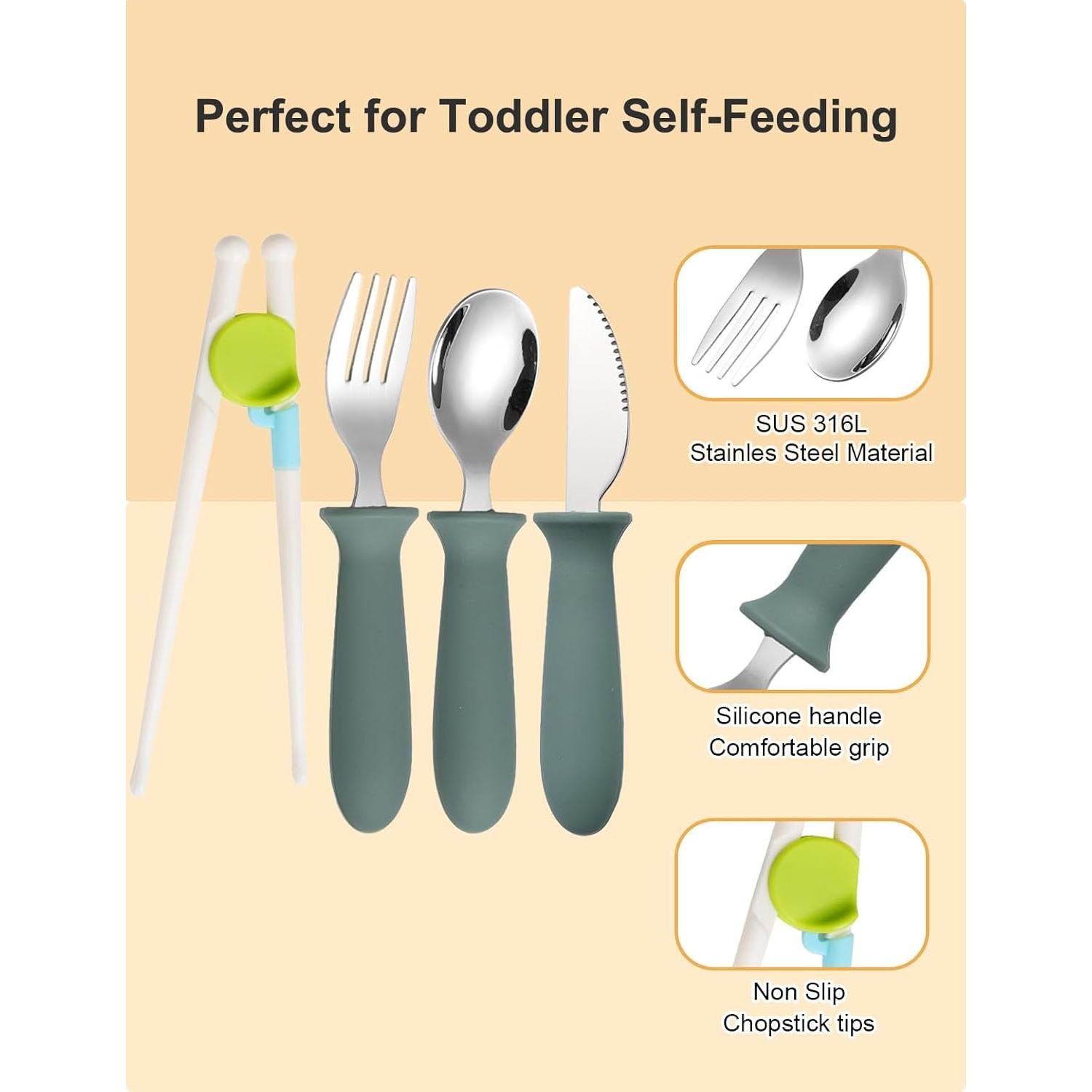 Set de Utensilios para Niños BOVELLA - Acero Inoxidable y Silicona Verde