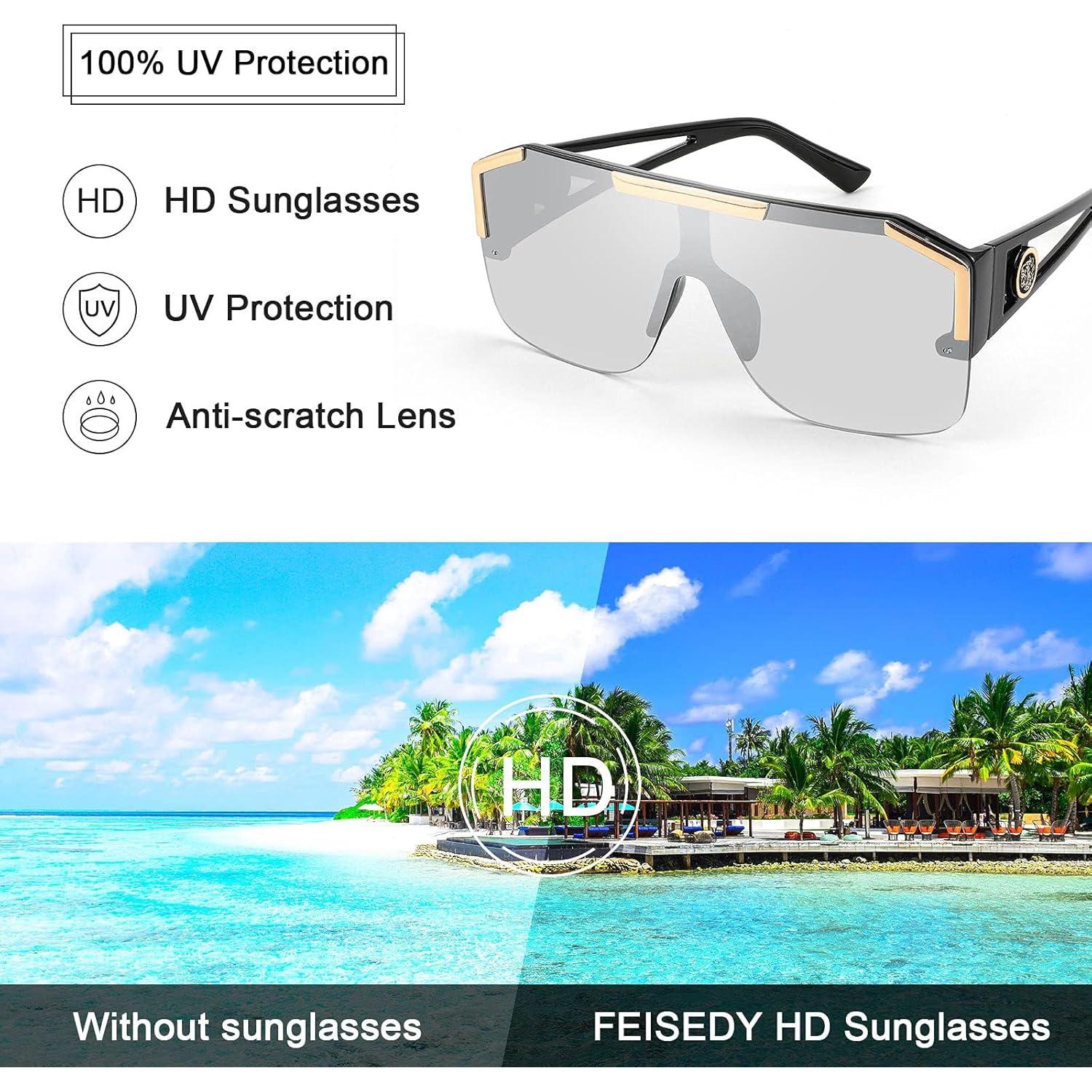 Gafas de Sol FEISEDY Cuadradas UV400 Marco Negro Lente Gris