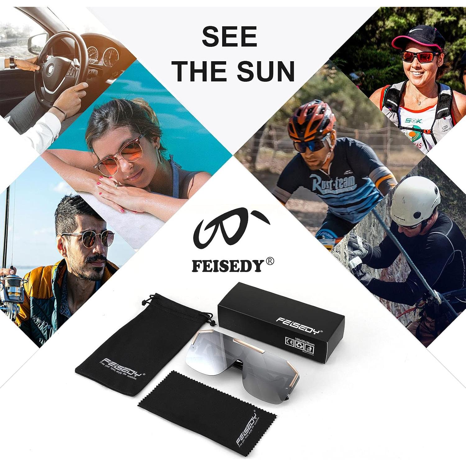 Gafas de Sol FEISEDY Cuadradas UV400 Marco Negro Lente Gris