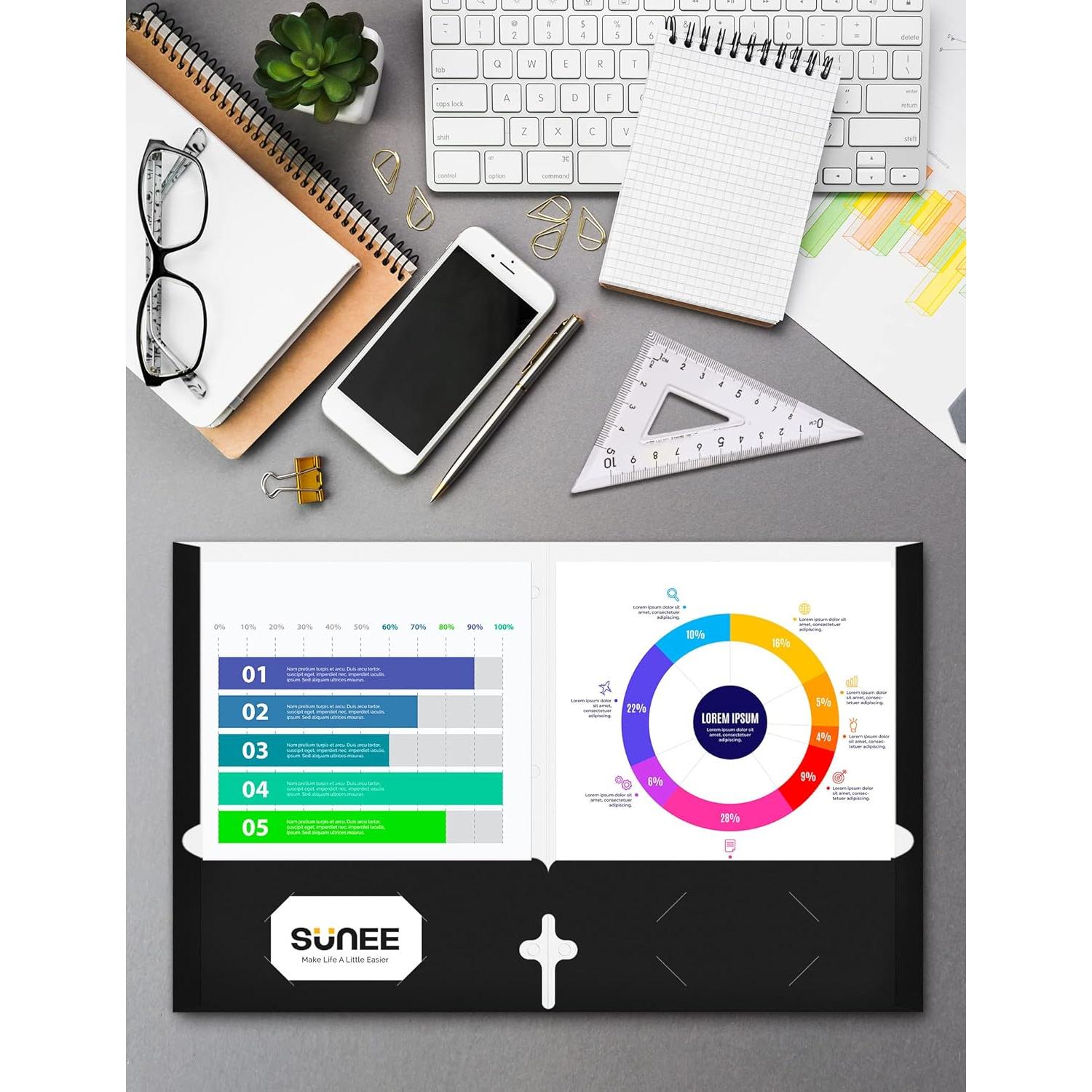 Carpetas de 2 Bolsillos SUNEE Negro 50 Paquete Tamaño Carta