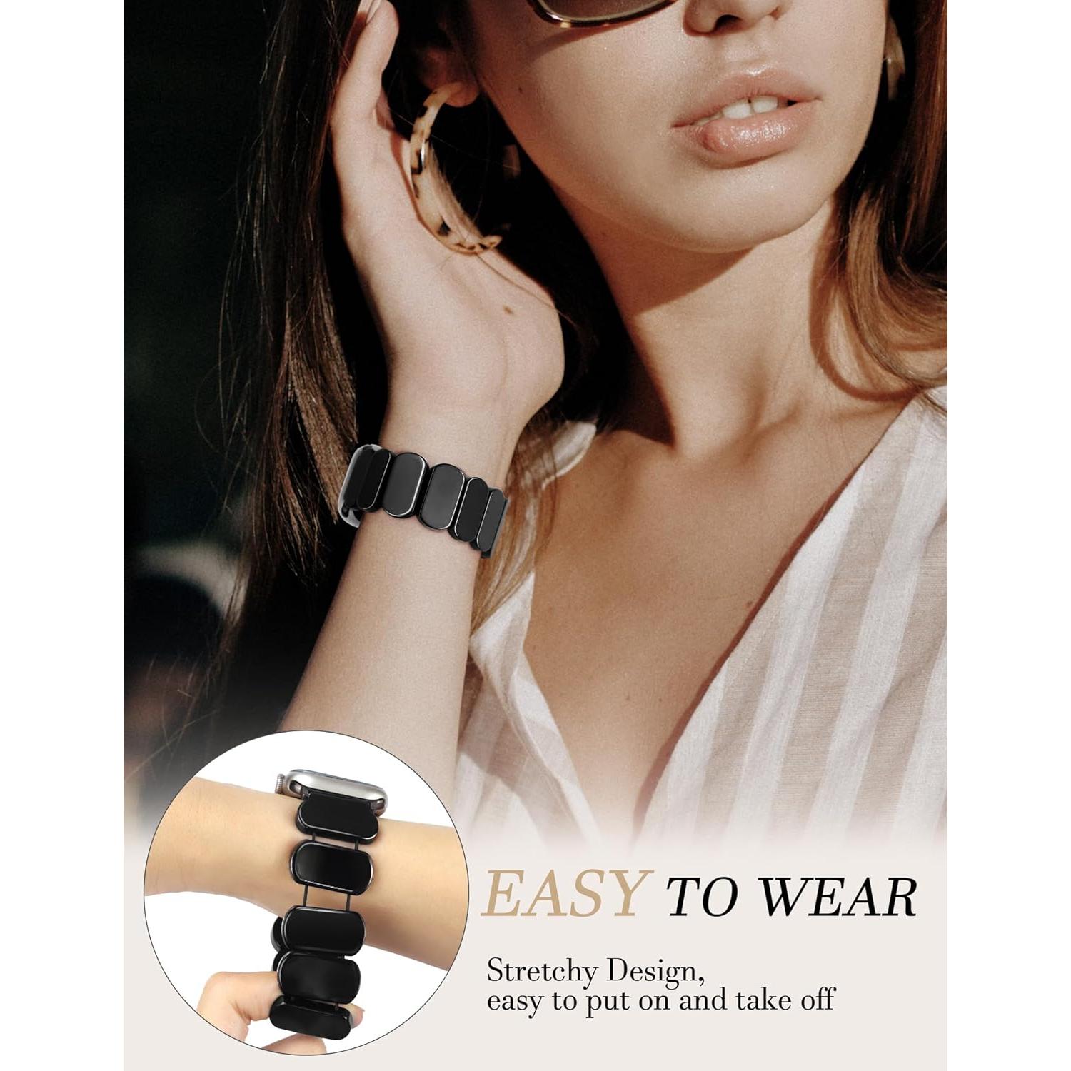 Resin Stretchy Watch Bands Women Compatible with Apple Watch 38mm 40mm 41mm 42mm (S10) Tortoise Light Bracelet Beaded Elastic Strap for iWatch Series10/9/8/7/6/5/4/3/2/1/SE/Ultra (S)