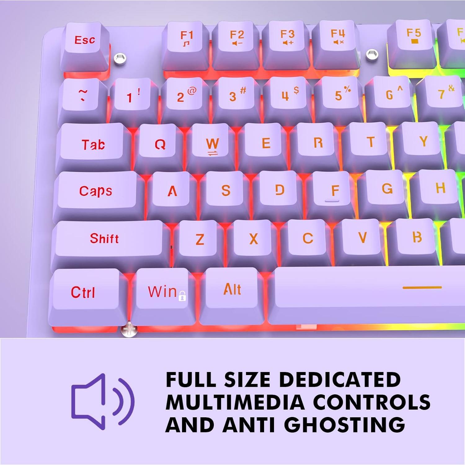 NPET K10 Wired Gaming Keyboard, RGB Backlit, Spill-Resistant Design, Multimedia Keys, Quiet Silent USB Membrane Keyboard for Desktop, Computer, PC (Purple)
