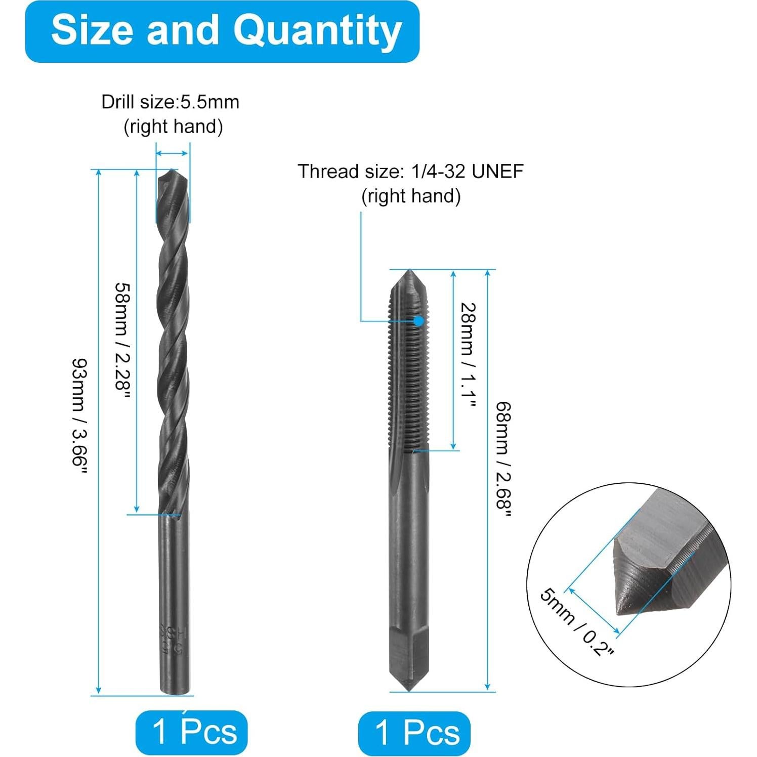 Juego de Brocas y Machos uxcell HSS-6542 1/4-32 UNEF y 5.5mm
