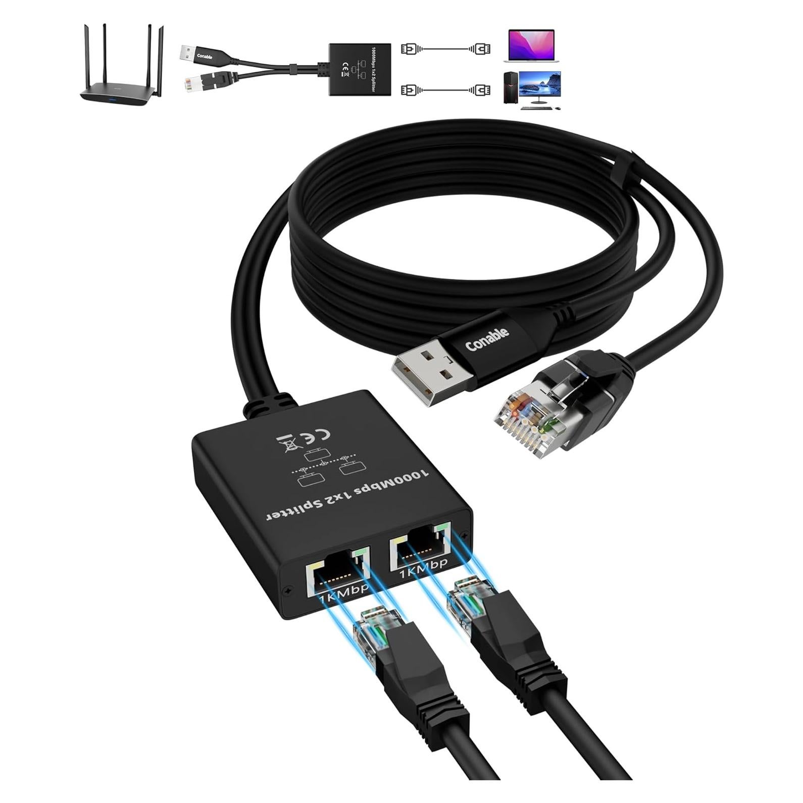 Divisor Ethernet Gigabit Conable 1 a 2 Salidas RJ45 1000Mbps