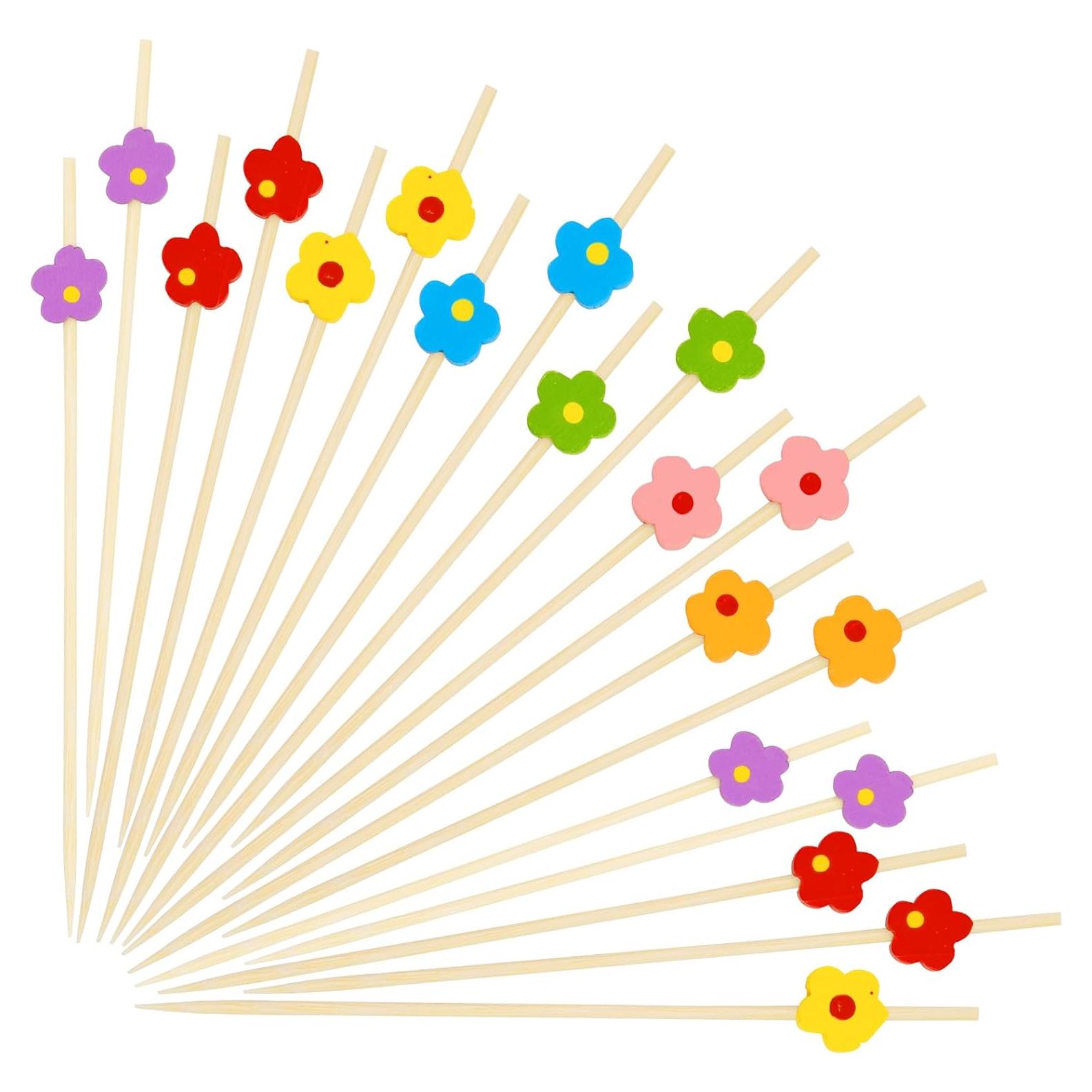 100 Palillos de Cóctel Florales de Bambú 11.94 cm Coloridos