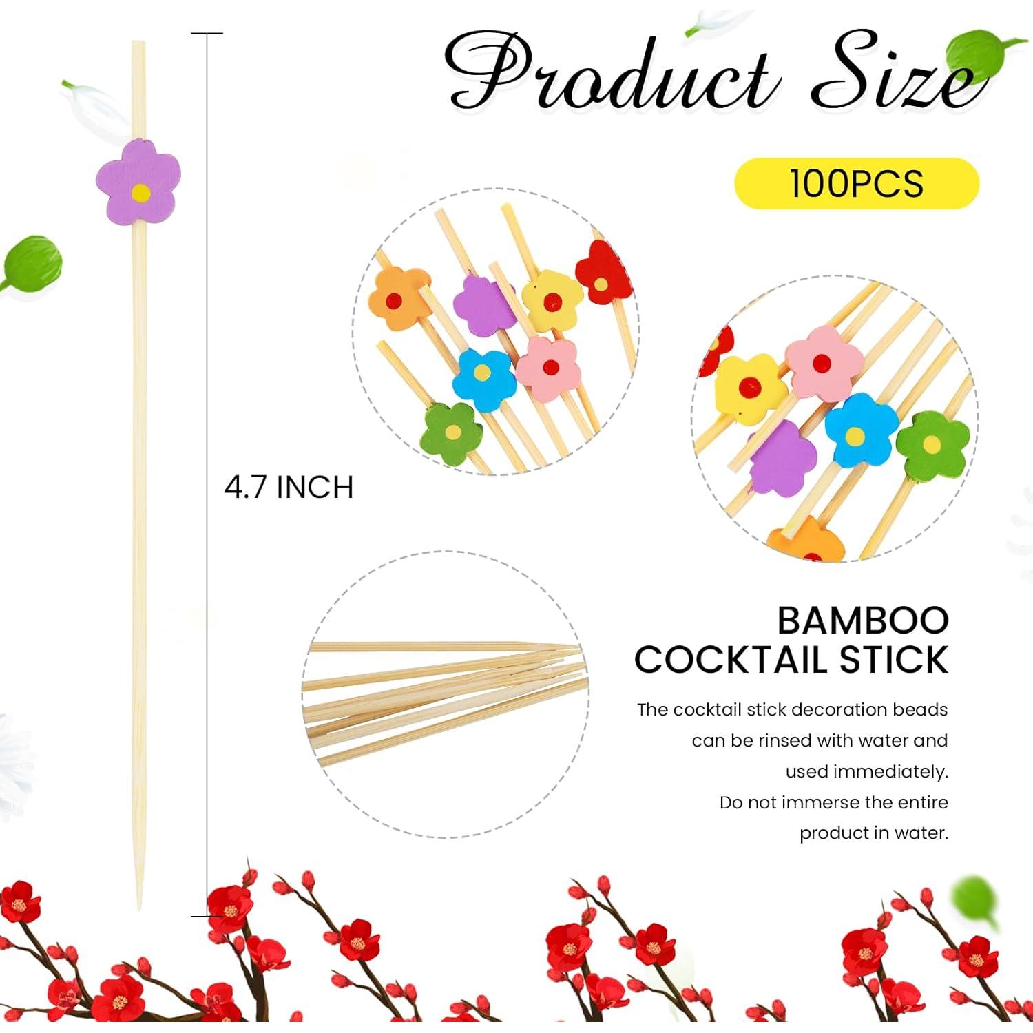 100 Palillos de Cóctel Florales de Bambú 11.94 cm Coloridos