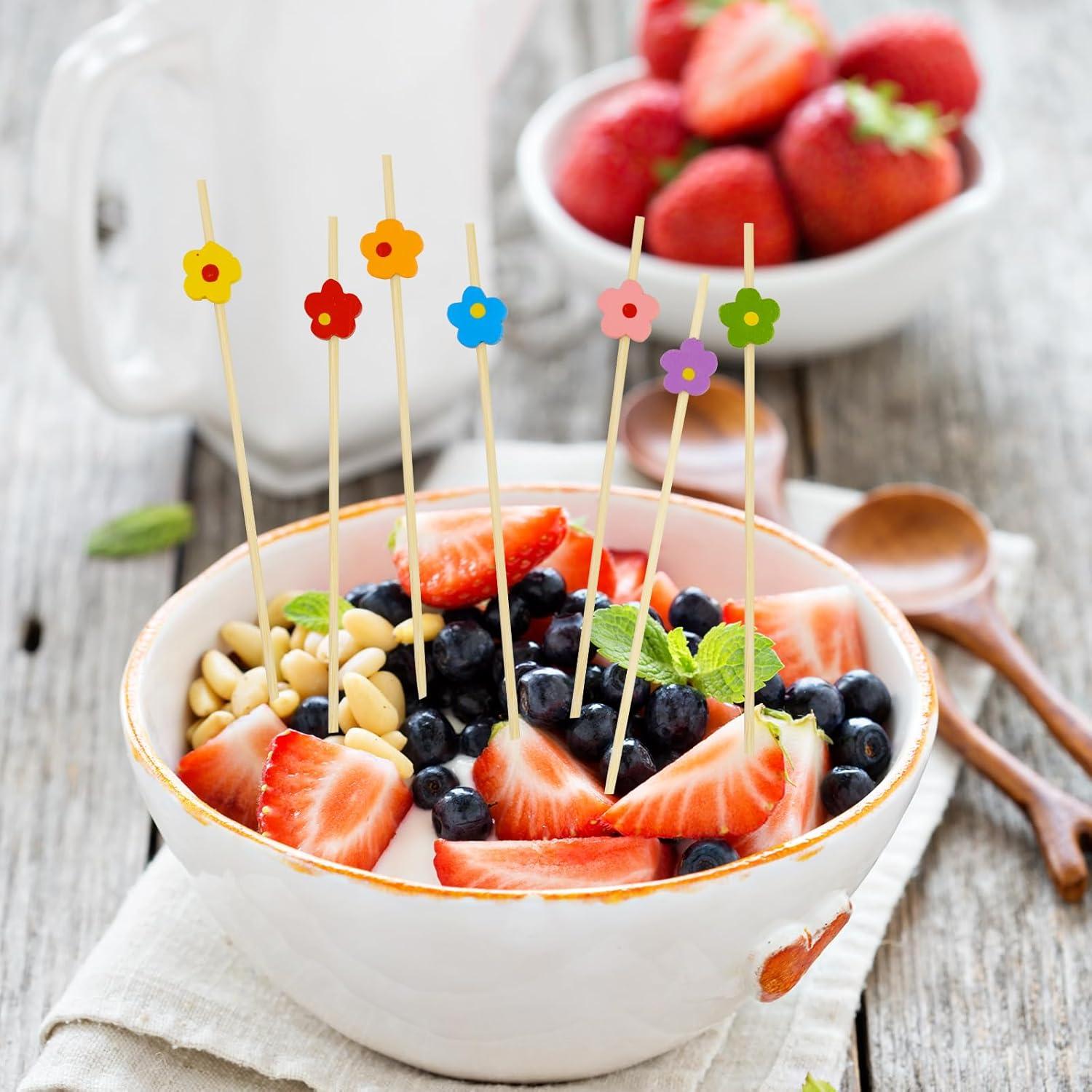 100 Palillos de Cóctel Florales de Bambú 11.94 cm Coloridos