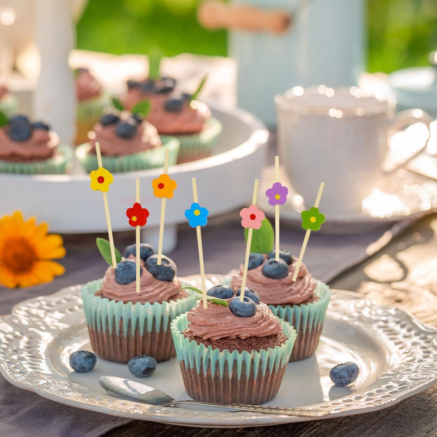 100 Palillos de Cóctel Florales de Bambú 11.94 cm Coloridos