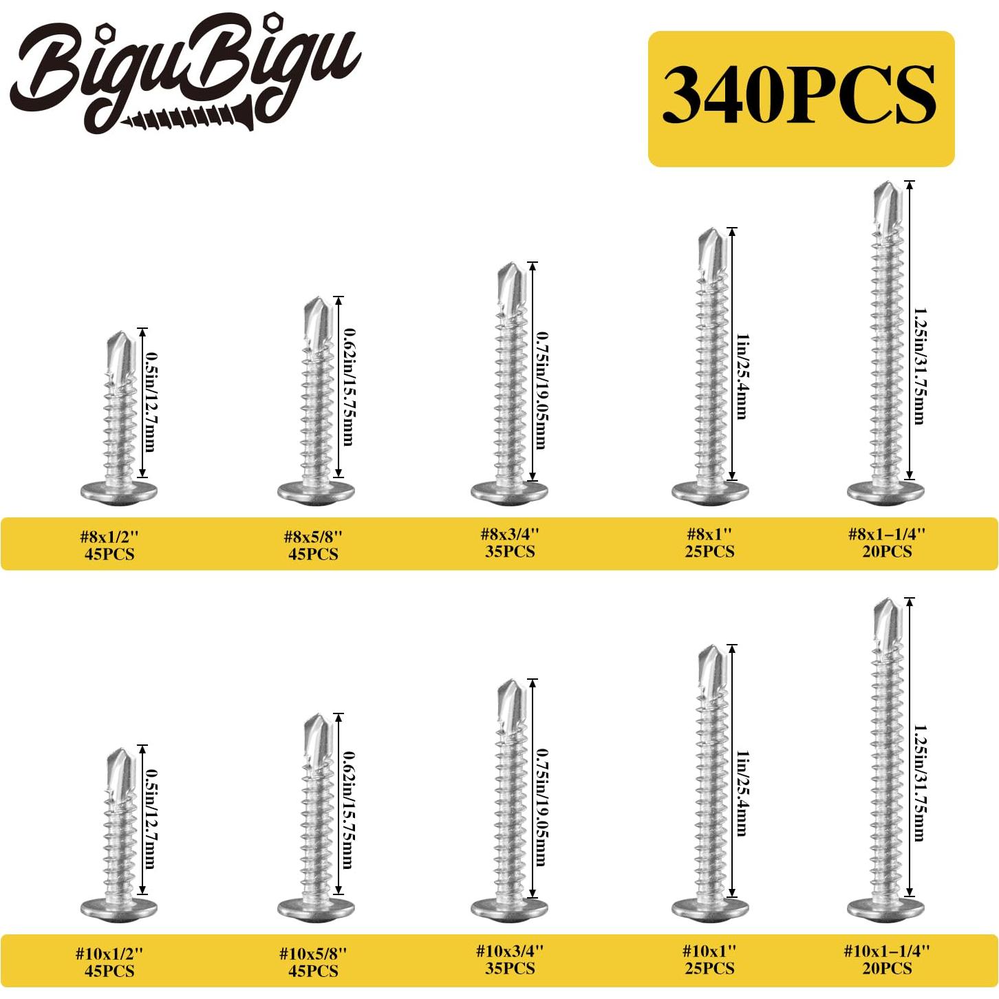 Kit de 340 Tornillos Autoperforantes Acero Inoxidable 410 BIGUBIGU