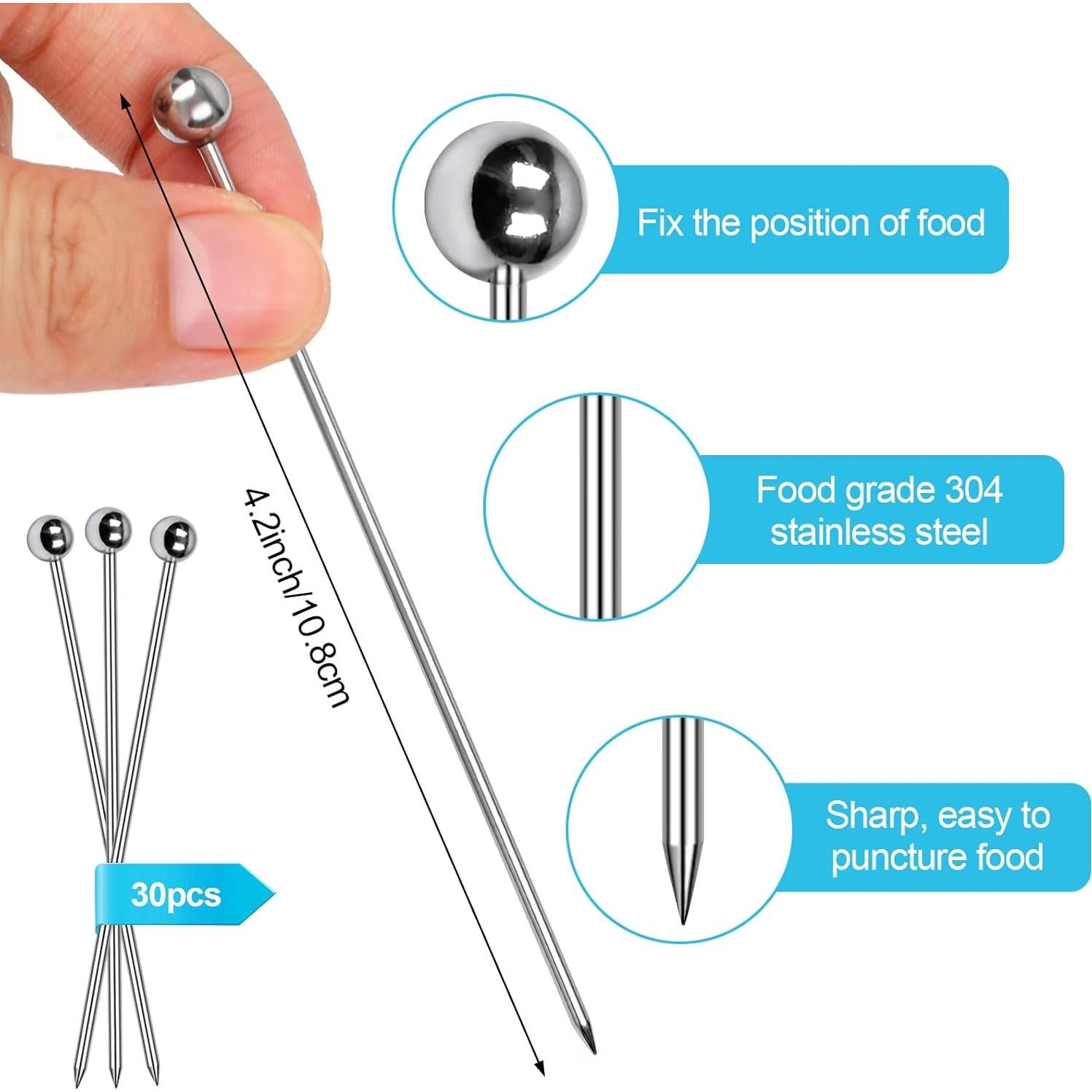 30 Pcs Palillos de Cóctel de Acero Inoxidable PECULA 10.8 cm