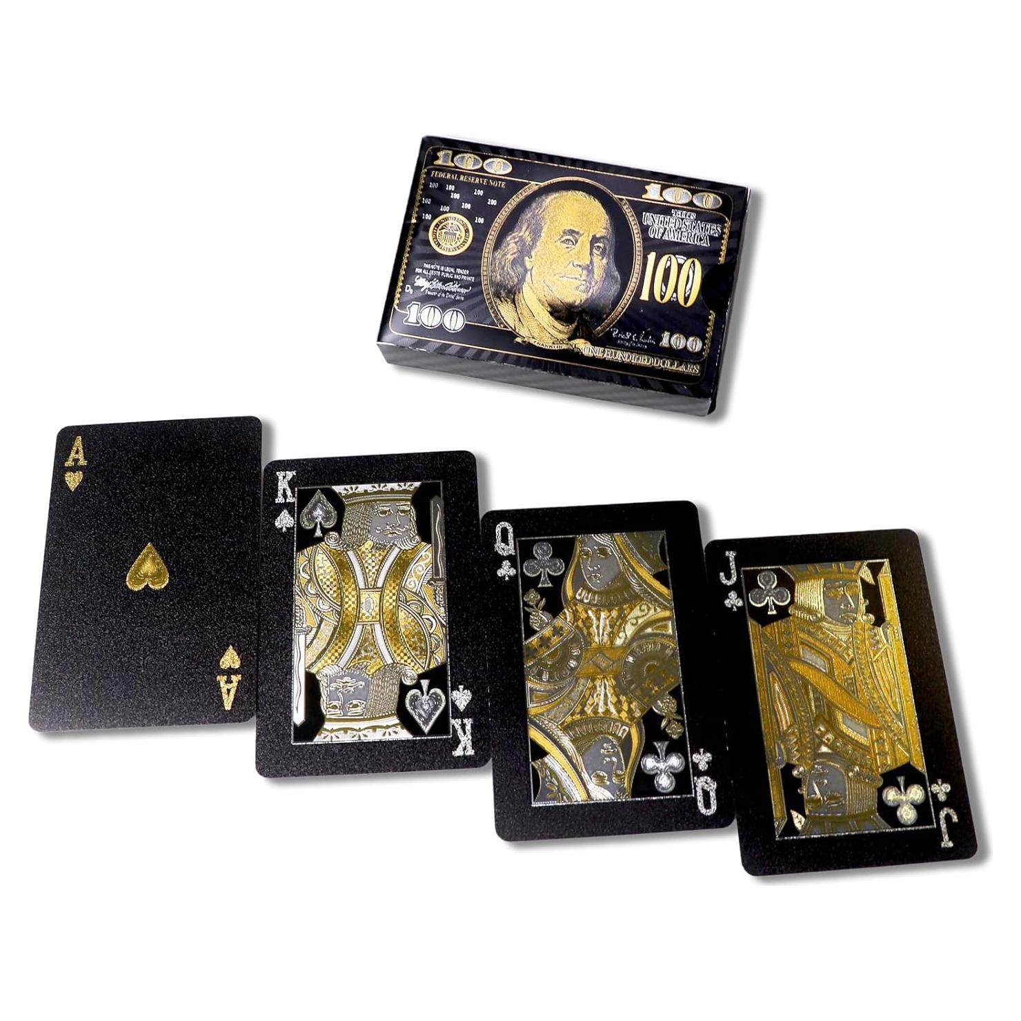 Cartas de Juego Negras con Foil Dorado - Baraja Impermeable