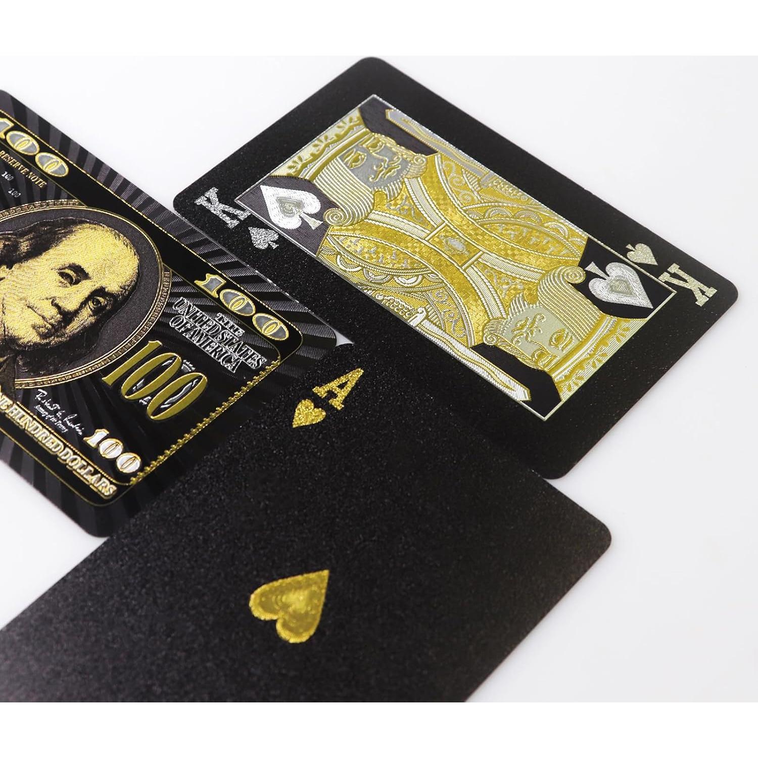 Cartas de Juego Negras con Foil Dorado - Baraja Impermeable