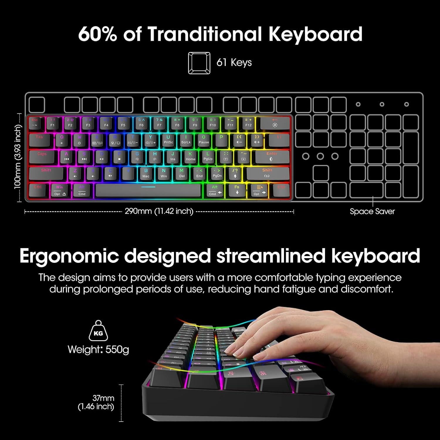 Teclado Mecánico KOORUI 61 Teclas RGB Compacto Type-C