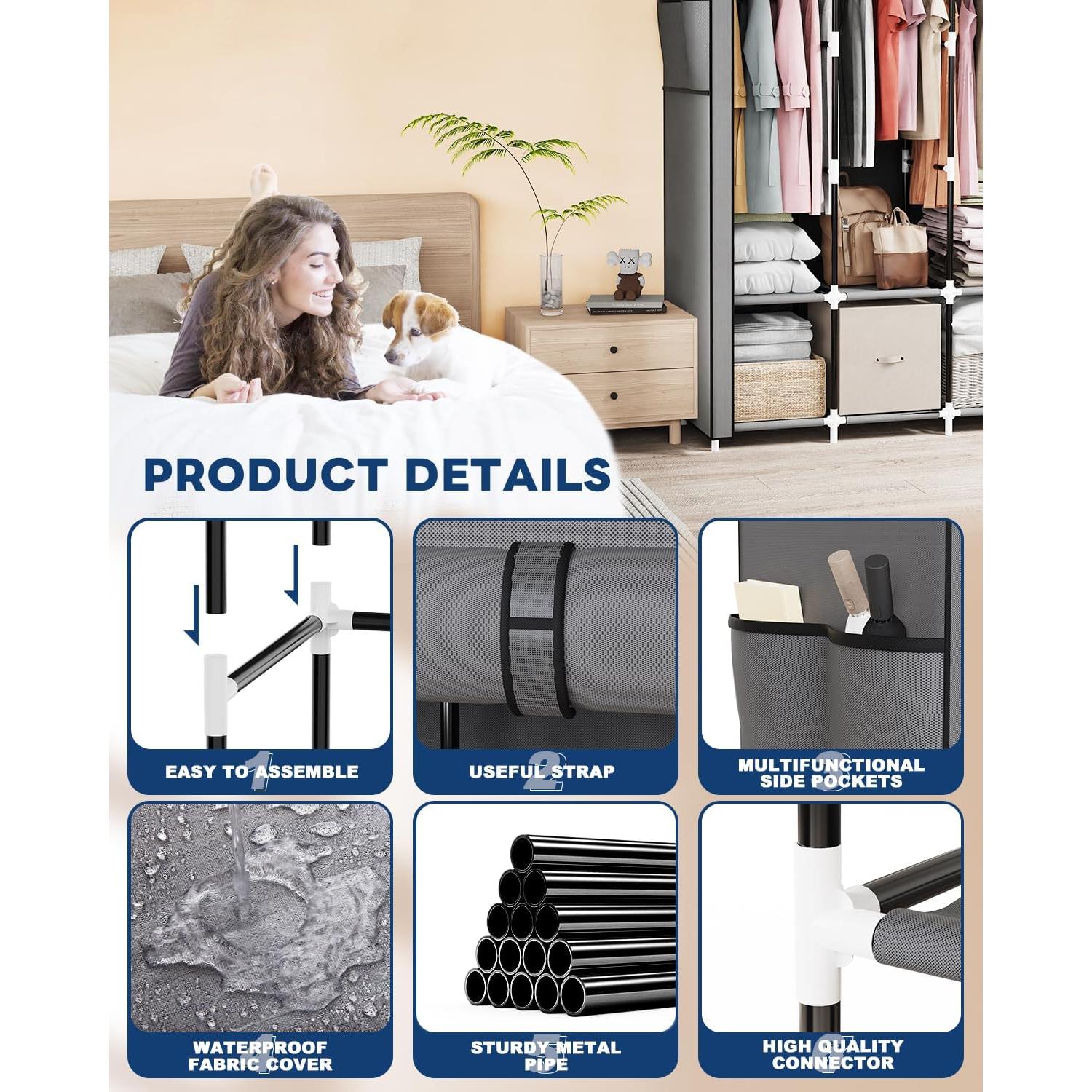 Armario Portátil Mavivegue Gris, 4 Varillas Colgantes, 130 cm