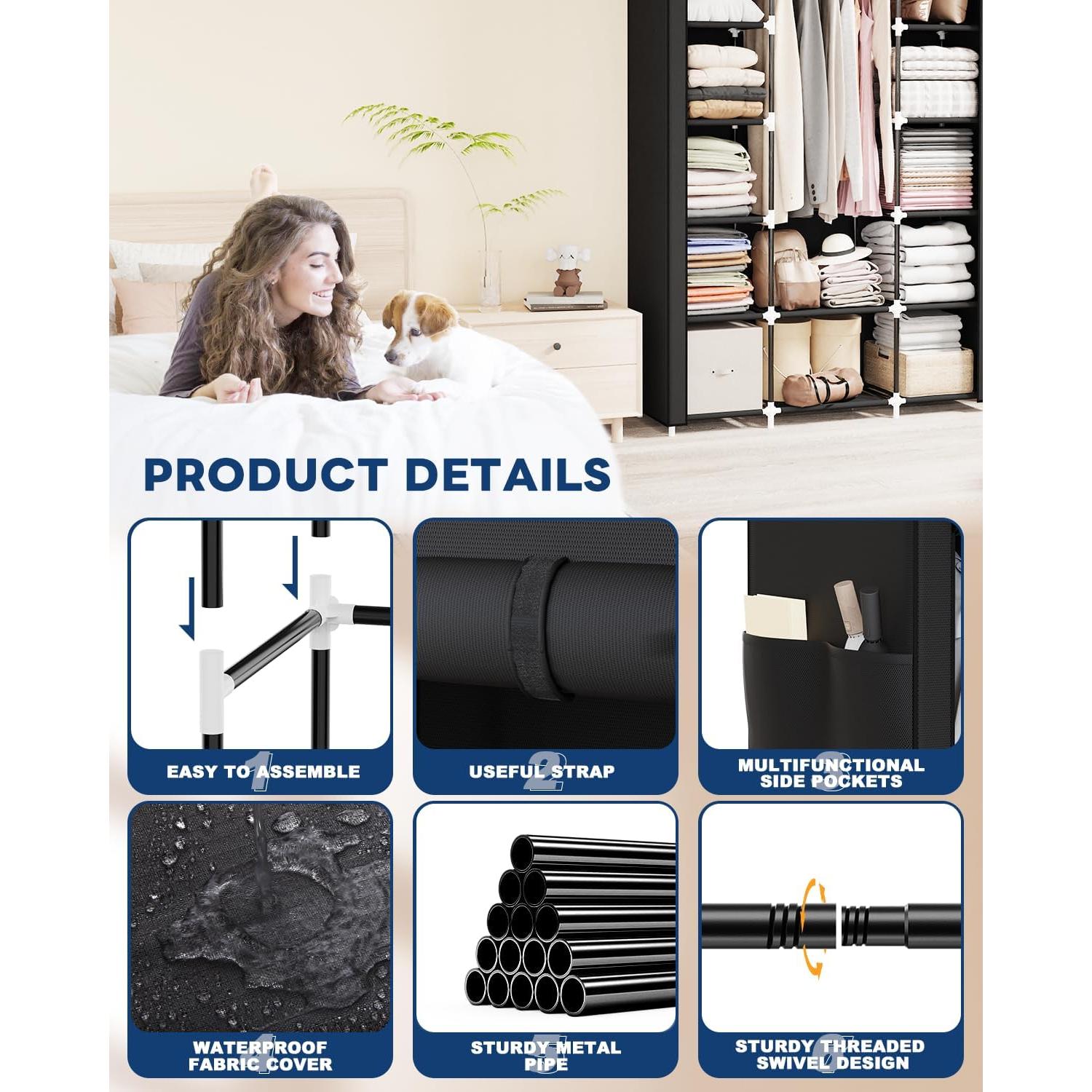 Armario Portátil Mavivegue 5 Capas Negro 175 cm Almacenamiento