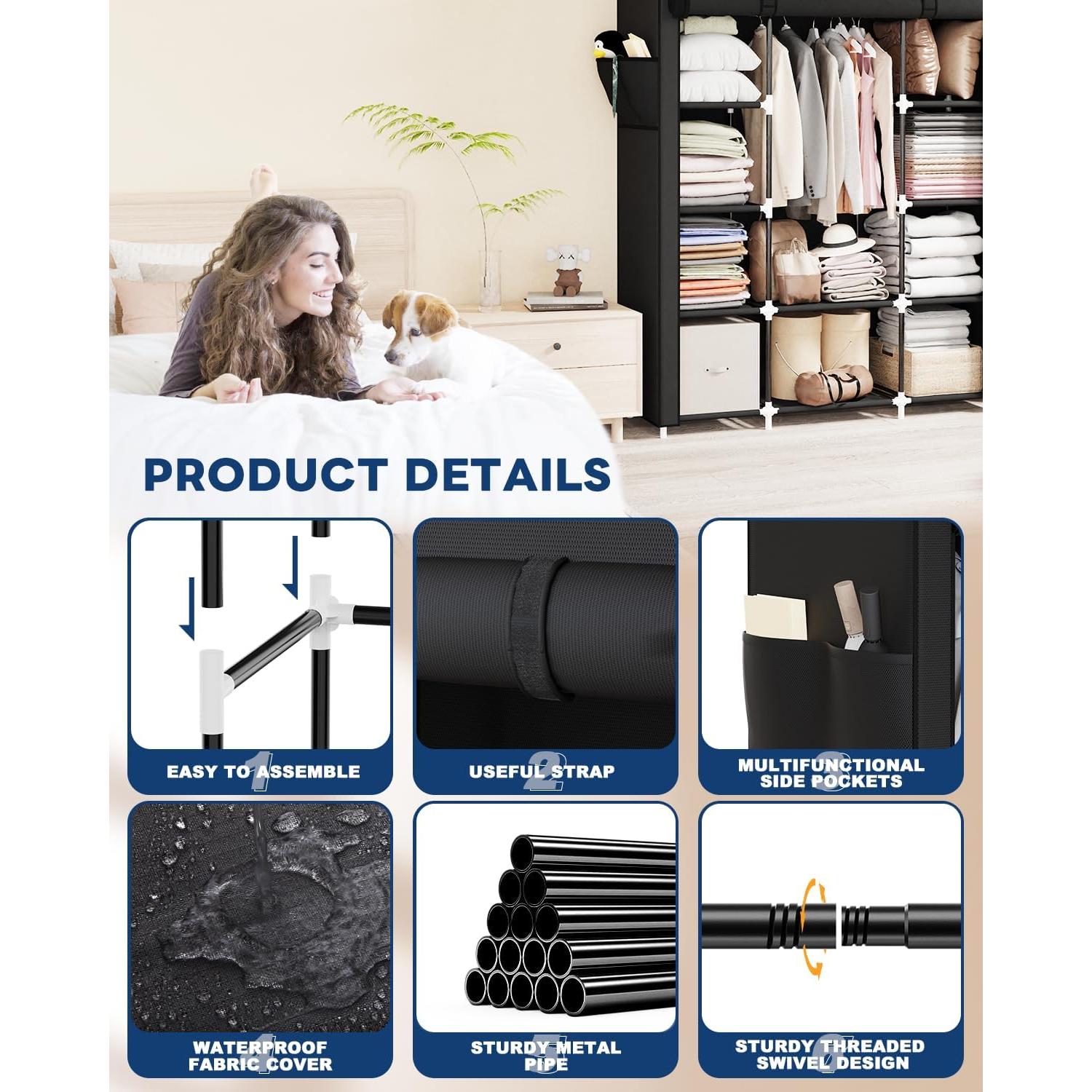 Armario Portátil Mavivegue 4 Capas Negro 149.86x45.72x162.56 cm